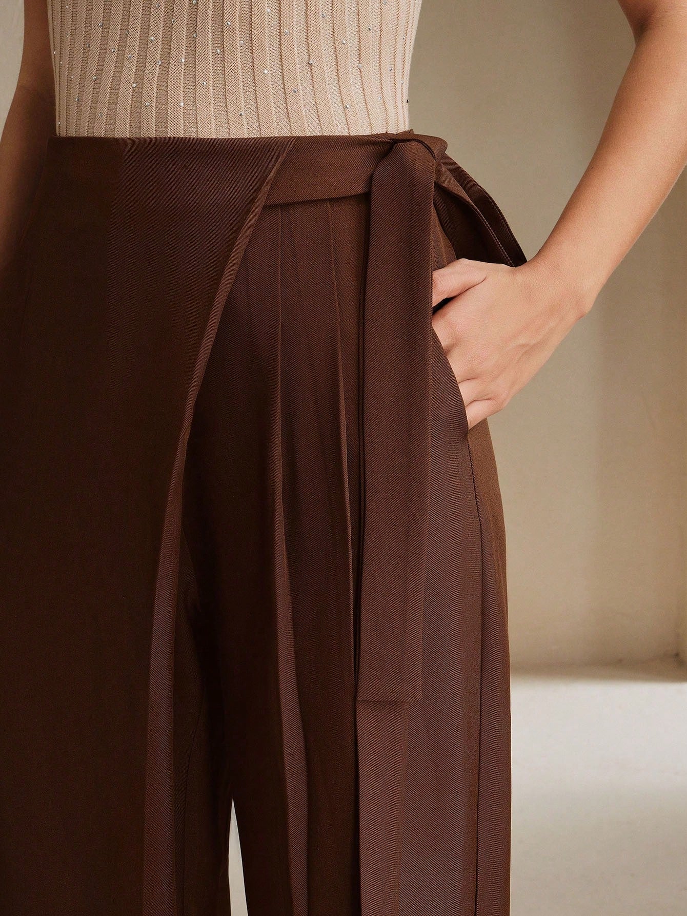 High-Waist Brown Wrap-Front Wide-Leg Trousers