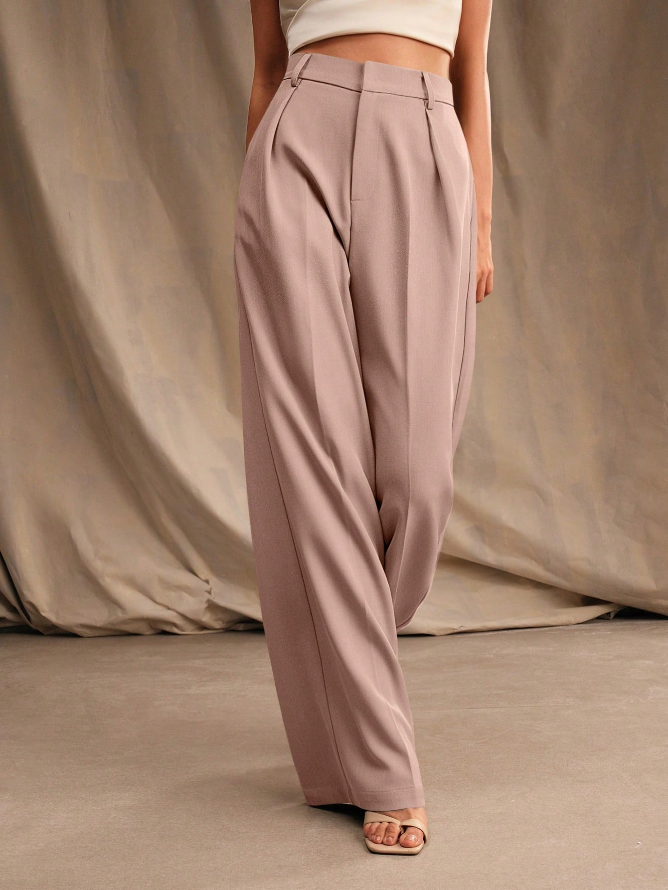 High-Waist Blush Taupe Wide-Leg Pleated Trousers