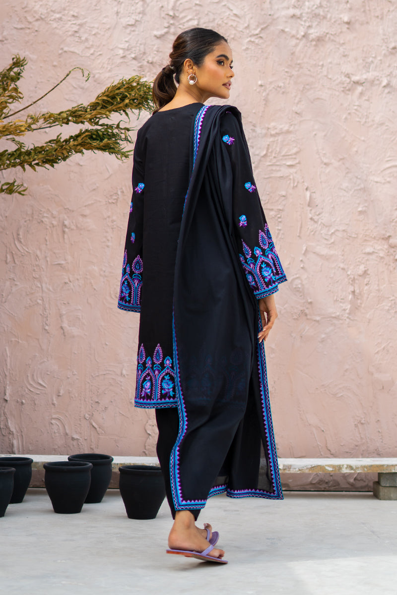 Black Embroidered Kurta Set with Blue-Purple Detailing & Matching Dupatta