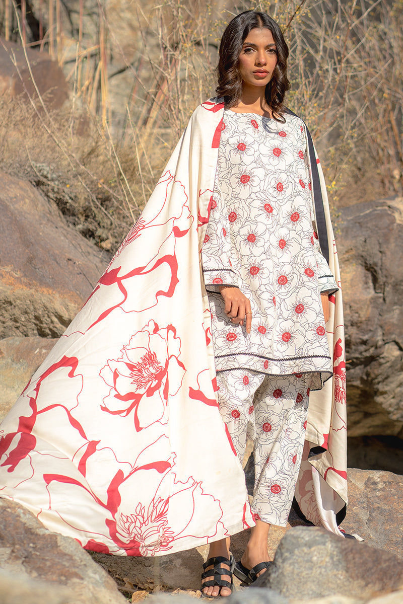 Ivory Floral Printed Kurta Set with Statement Red Dupatta – Elegant Ethnic Wear