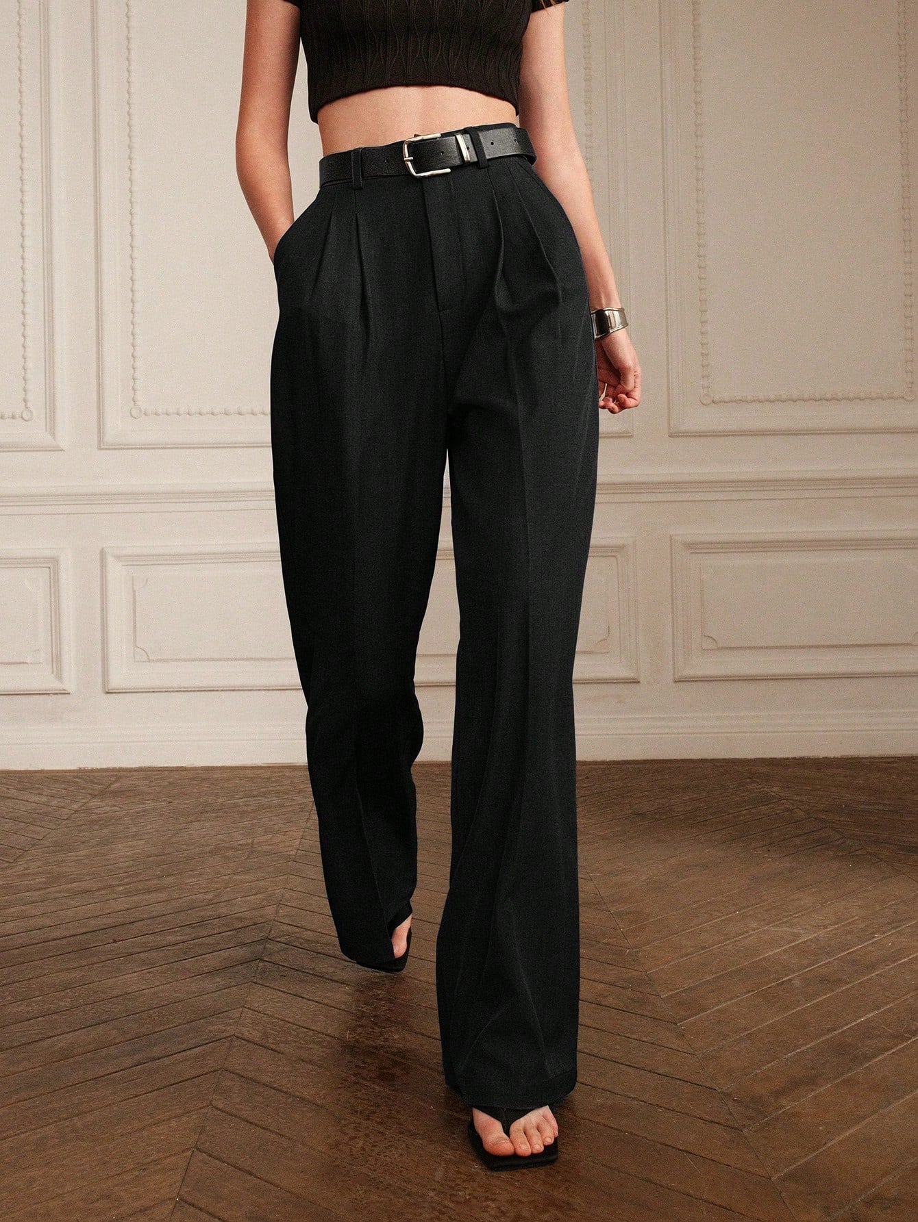 High-Waist Black Pleated Straight Wide-Leg Trousers