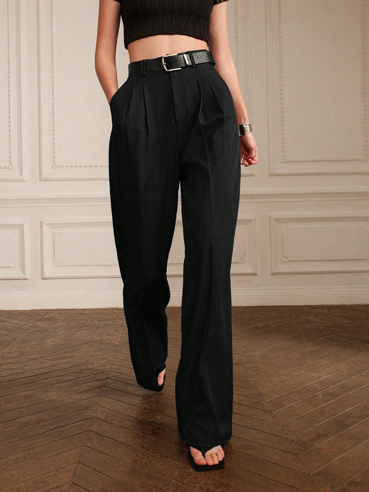 High-Waist Black Pleated Straight Wide-Leg Trousers
