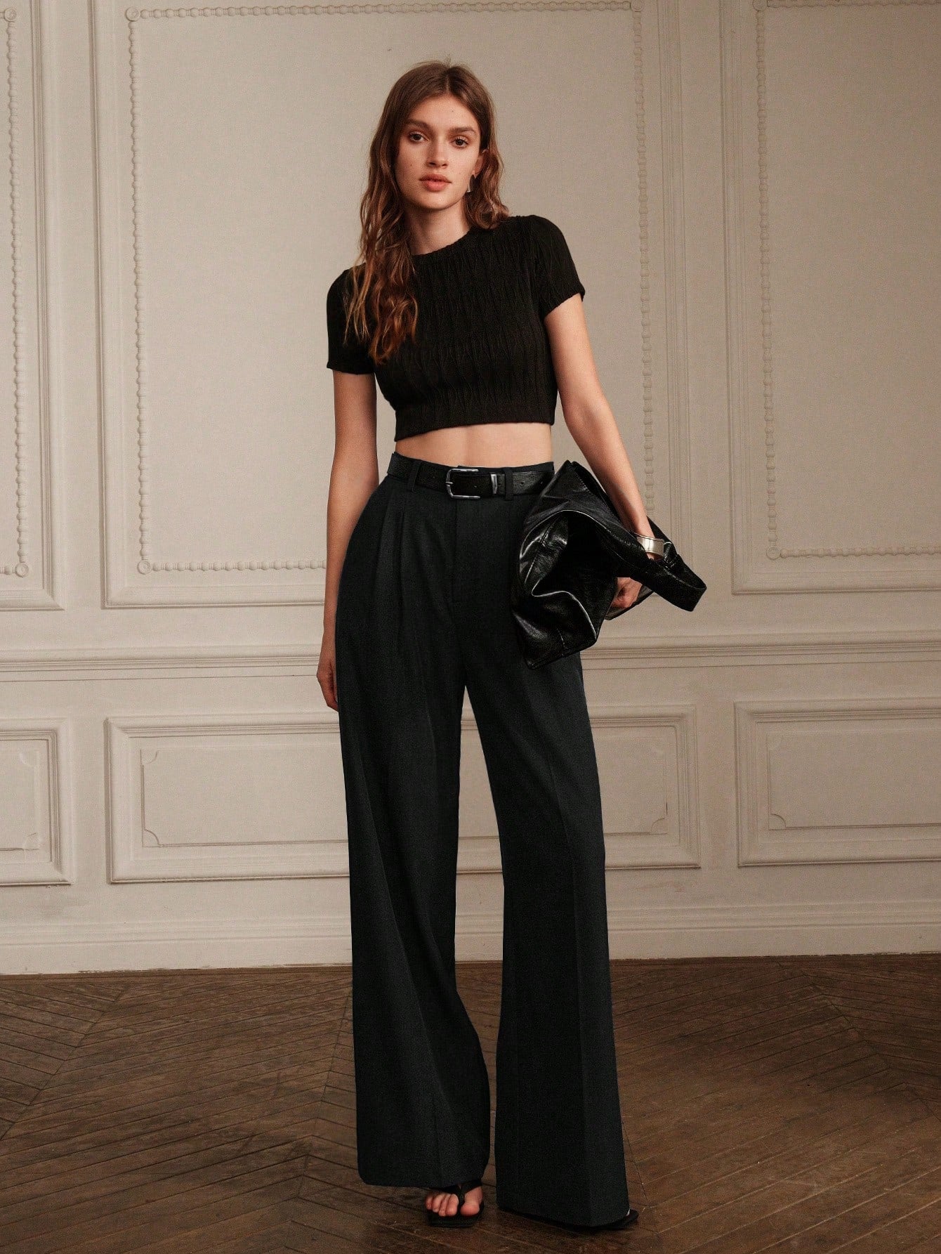 High-Waist Black Pleated Straight Wide-Leg Trousers