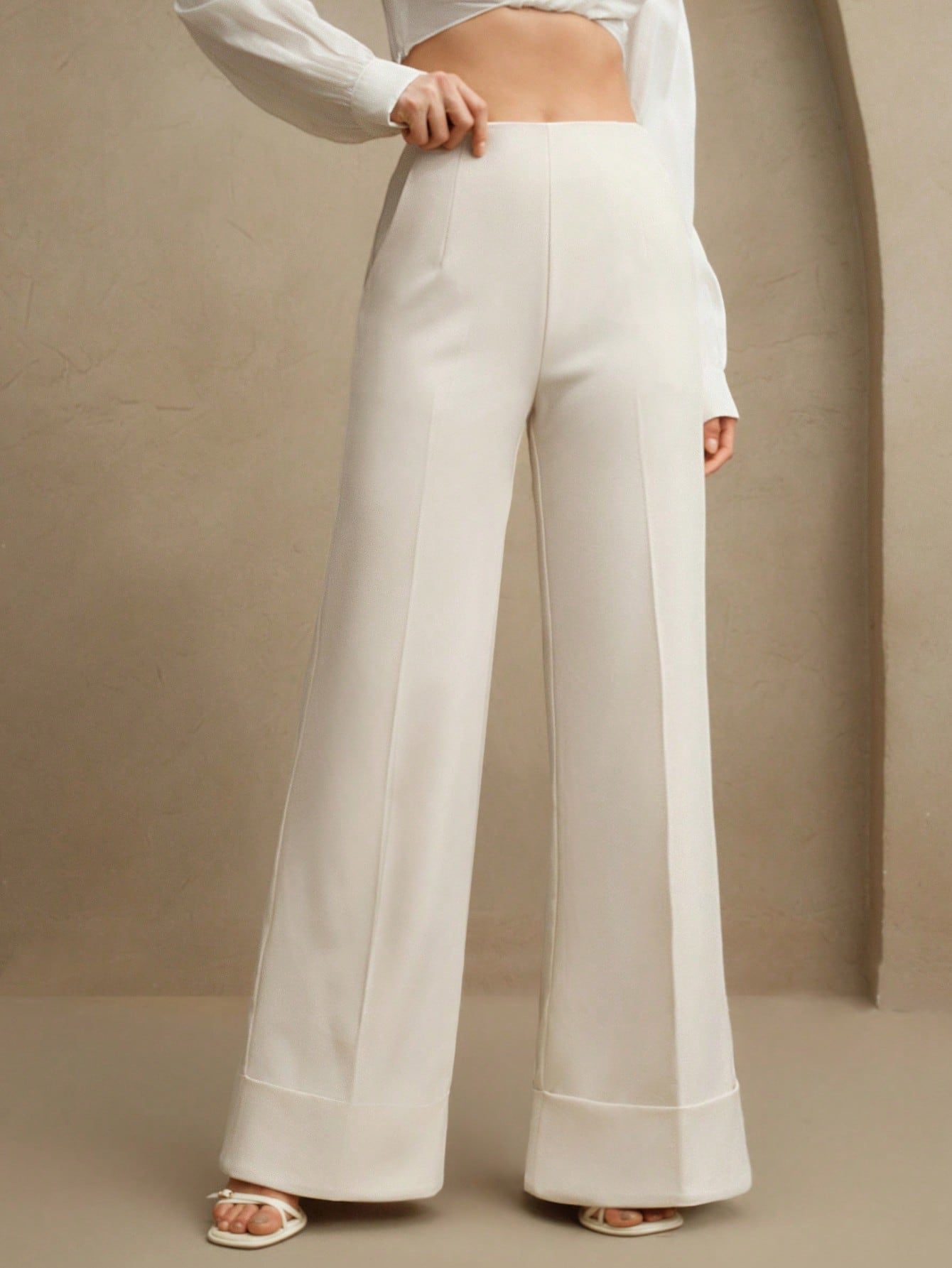 High-Waist Off-White Structured Wide-Leg Trousers