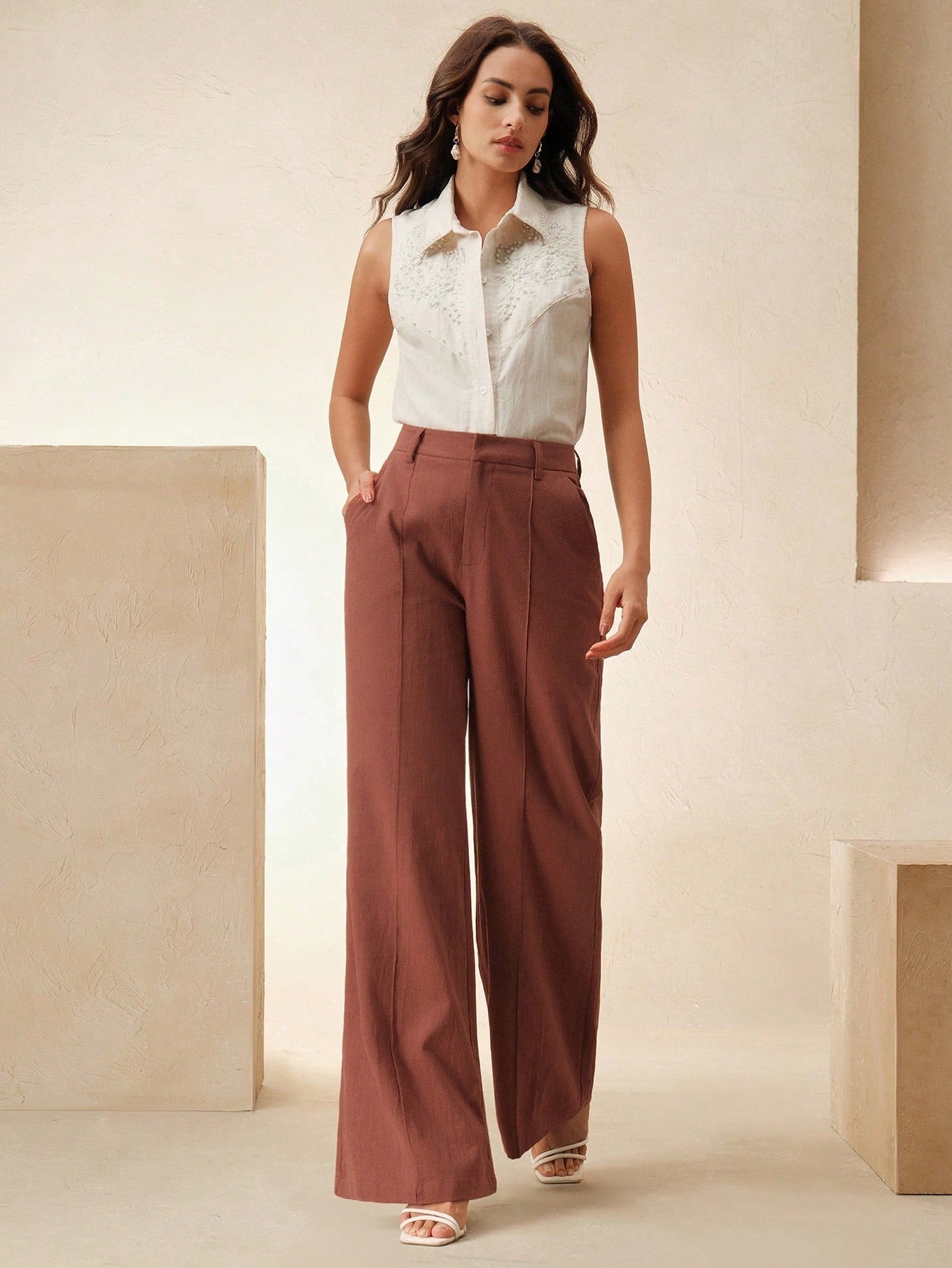 High-Waist Rosewood Wide-Leg Trousers