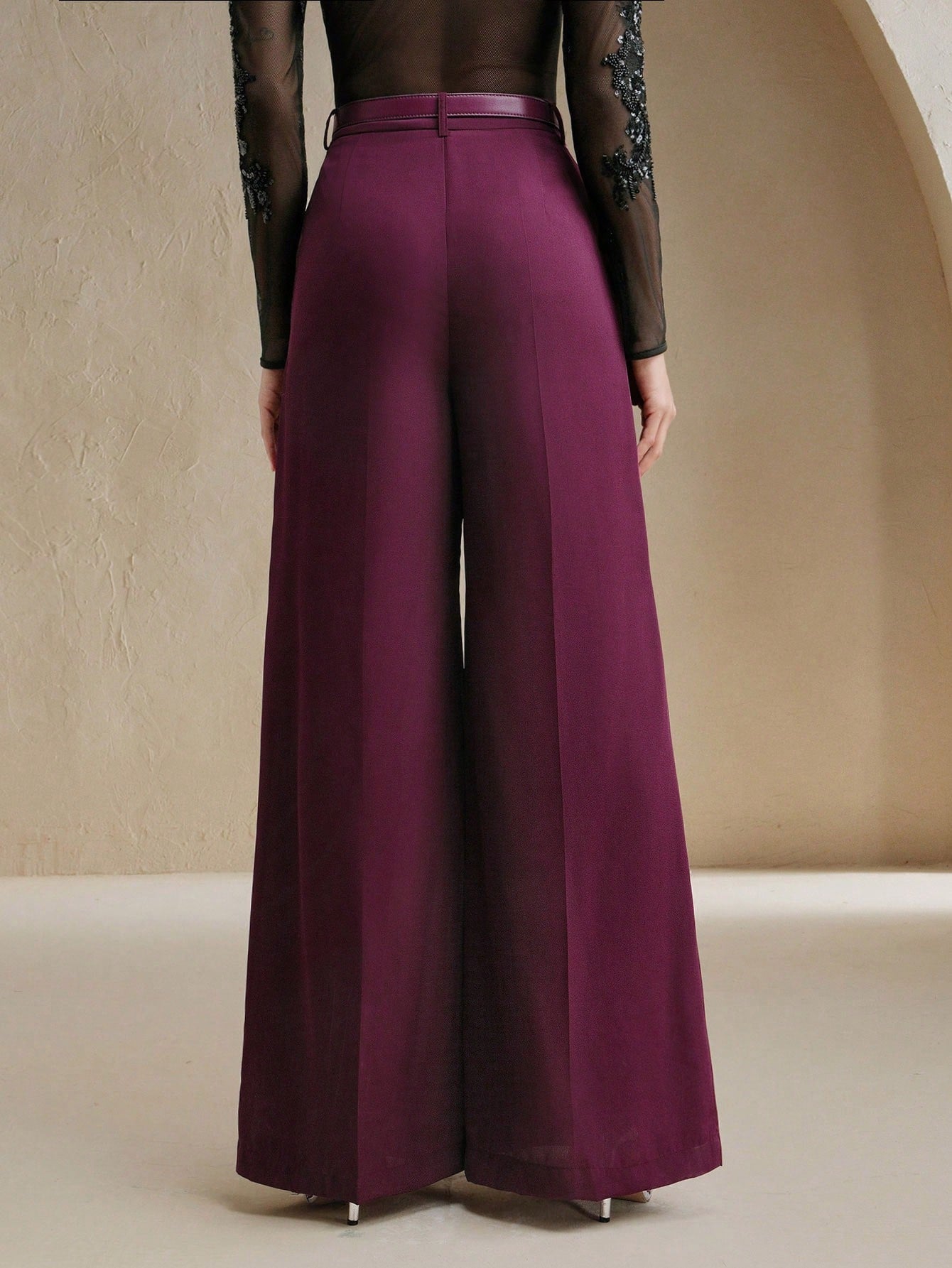 High-Waist Wine Wide-Leg Trousers with Sleek Belt