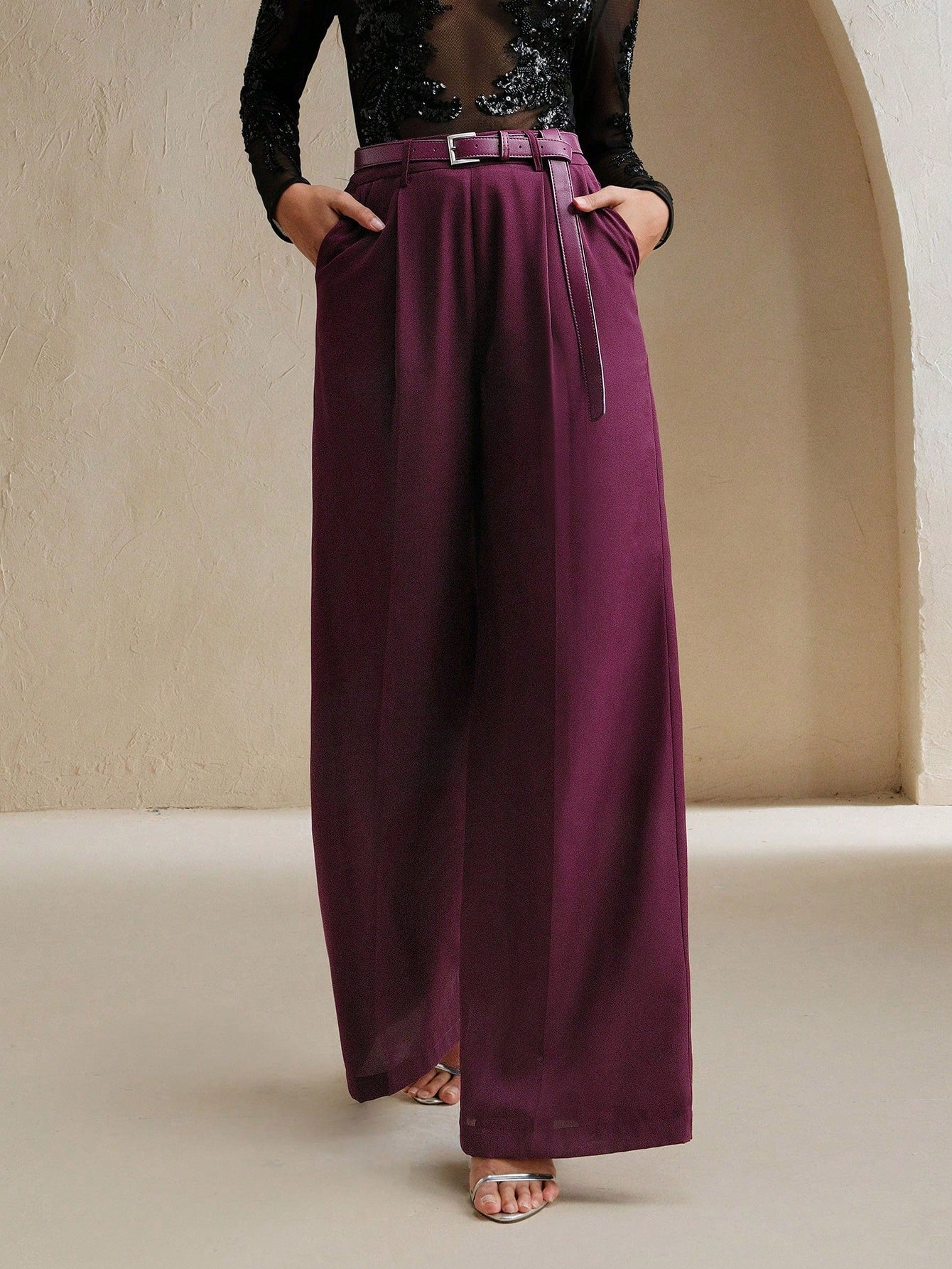 High-Waist Wine Wide-Leg Trousers with Sleek Belt