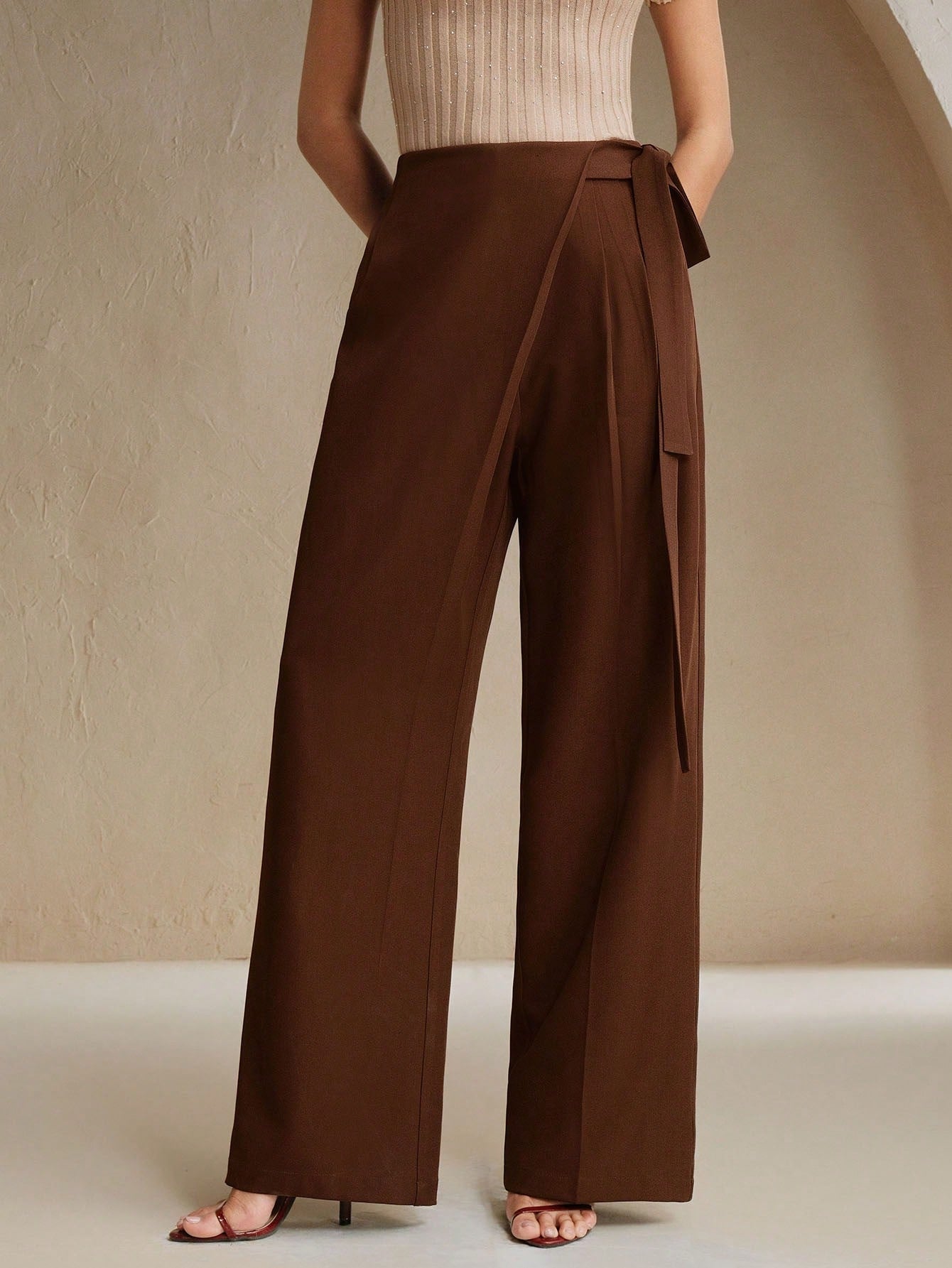 High-Waist Brown Wrap-Front Wide-Leg Trousers