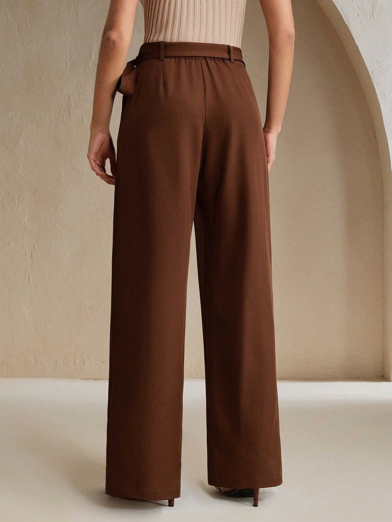 High-Waist Brown Wrap-Front Wide-Leg Trousers