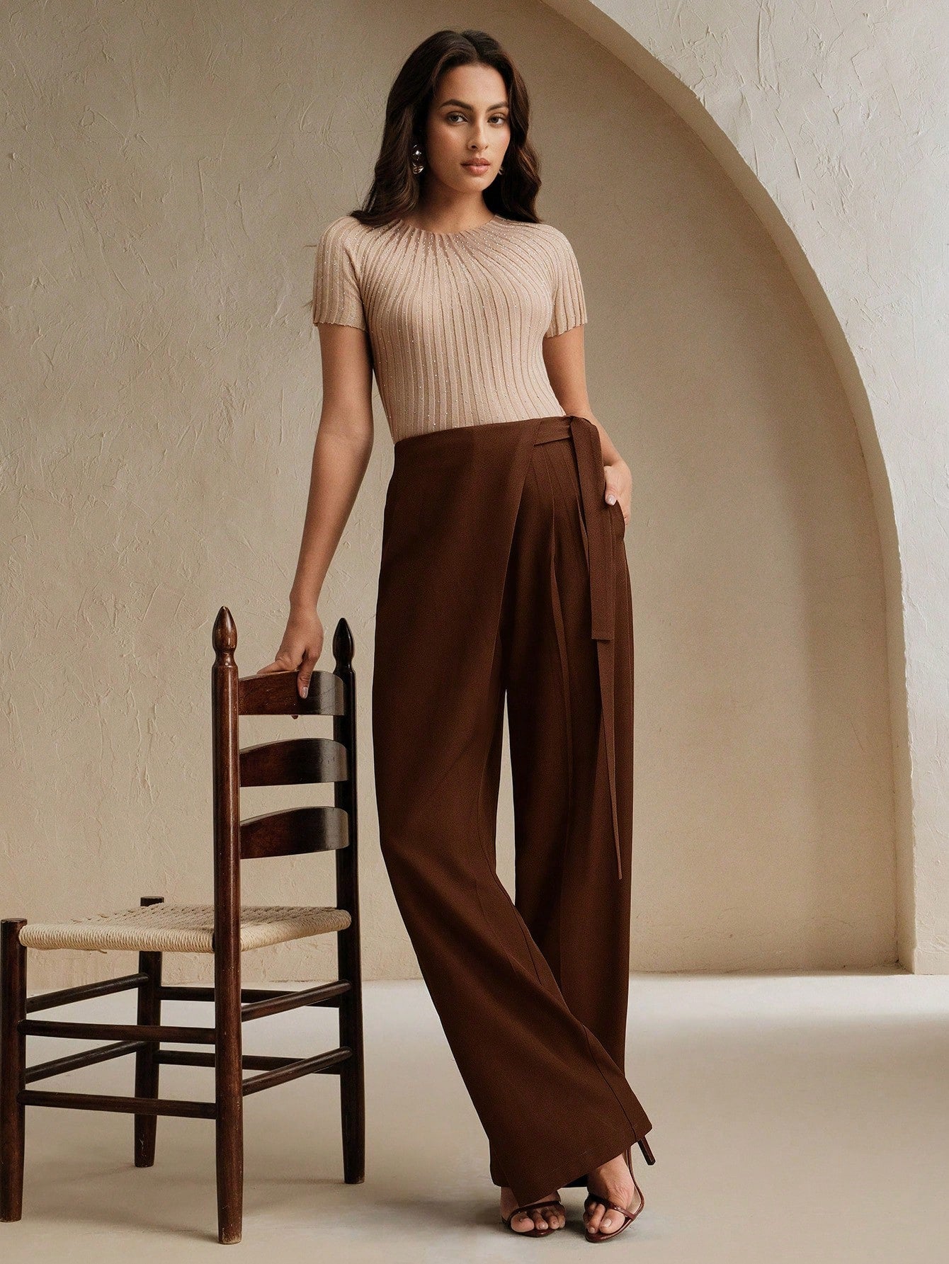 High-Waist Brown Wrap-Front Wide-Leg Trousers