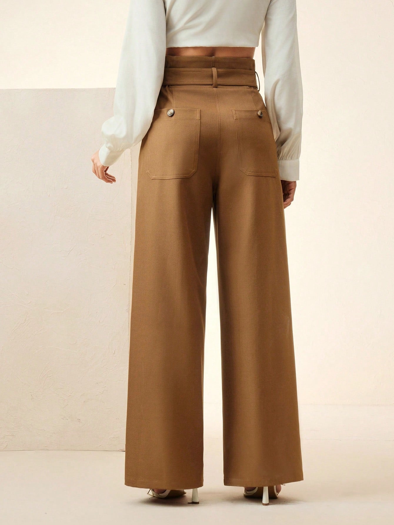 High-Waist Belted Wide-Leg Trousers – Camel Brown