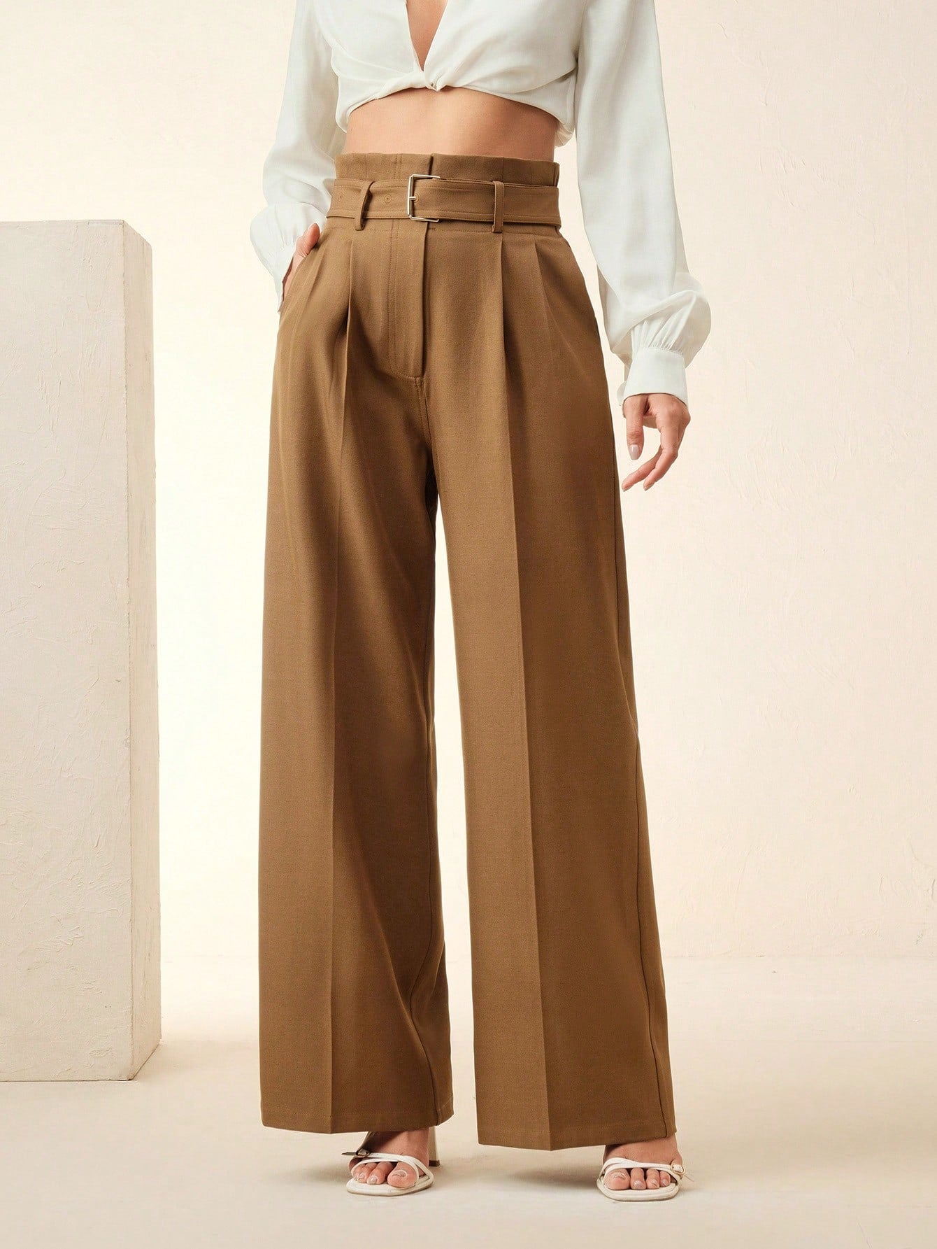 High-Waist Belted Wide-Leg Trousers – Camel Brown