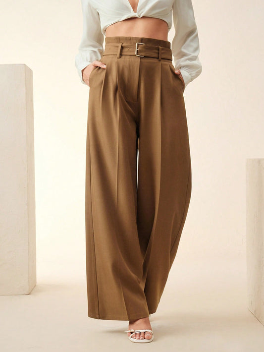 High-Waist Belted Wide-Leg Trousers – Camel Brown