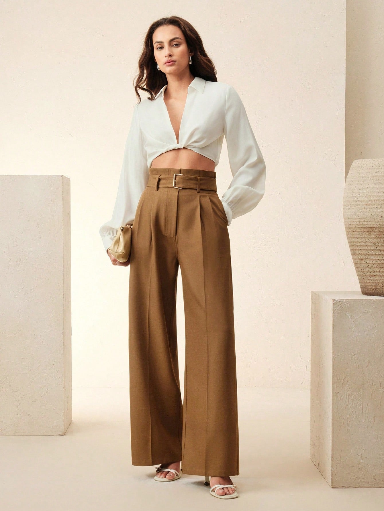 High-Waist Belted Wide-Leg Trousers – Camel Brown