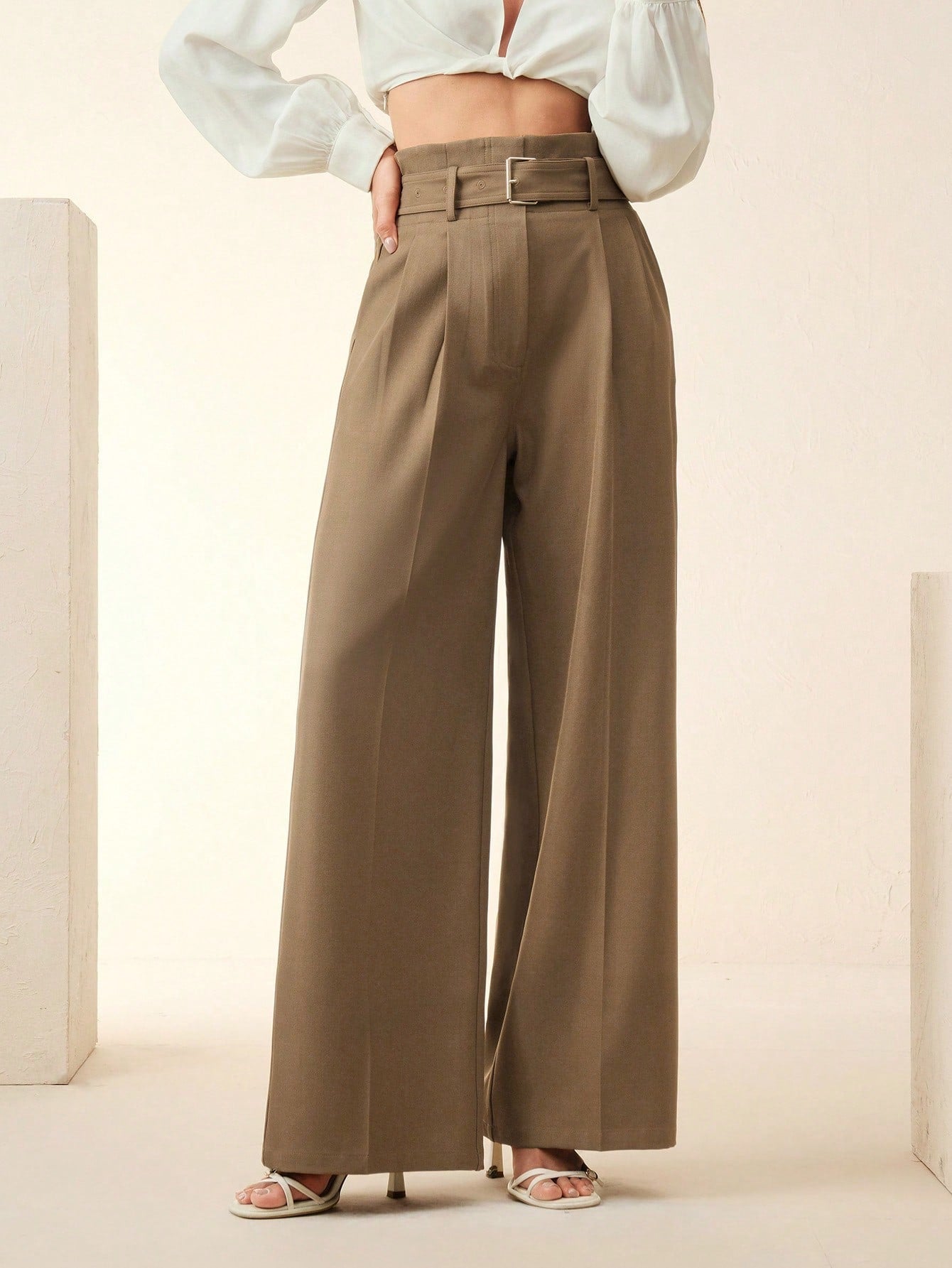 High-Waist Taupe Wide-Leg Trousers with Belt