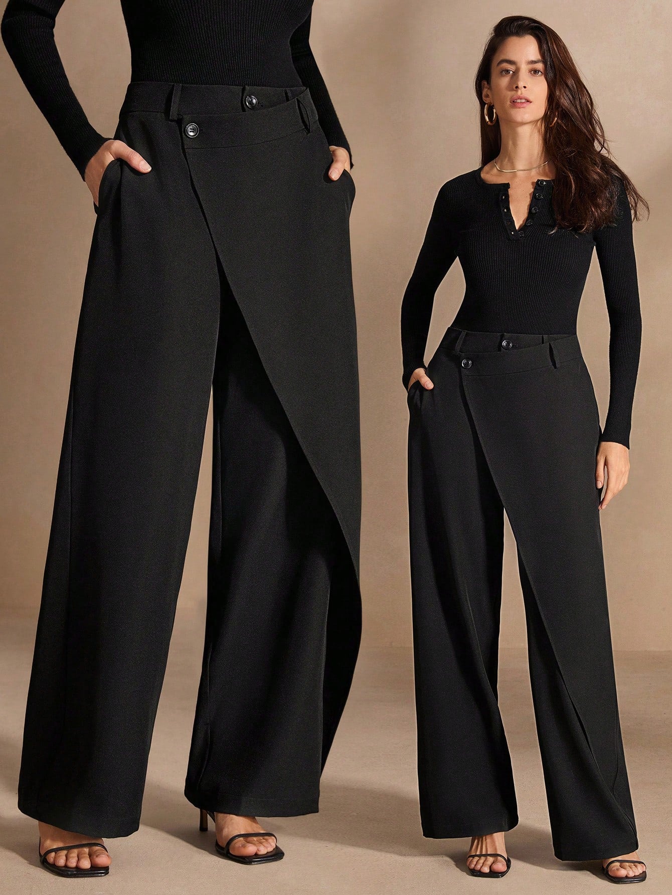 High-Waist Black Wrap-Front Wide-Leg Trousers