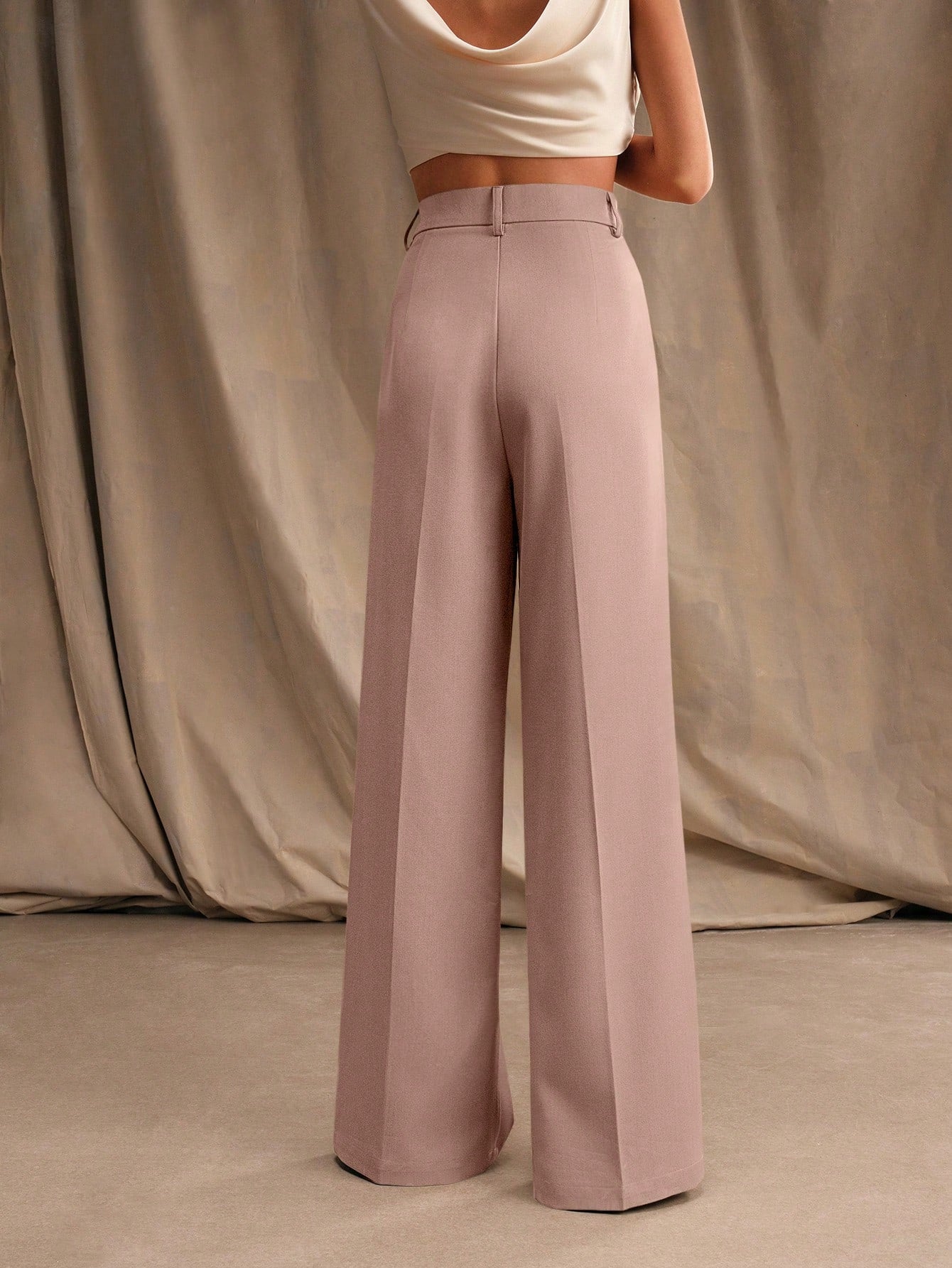 High-Waist Blush Taupe Wide-Leg Pleated Trousers