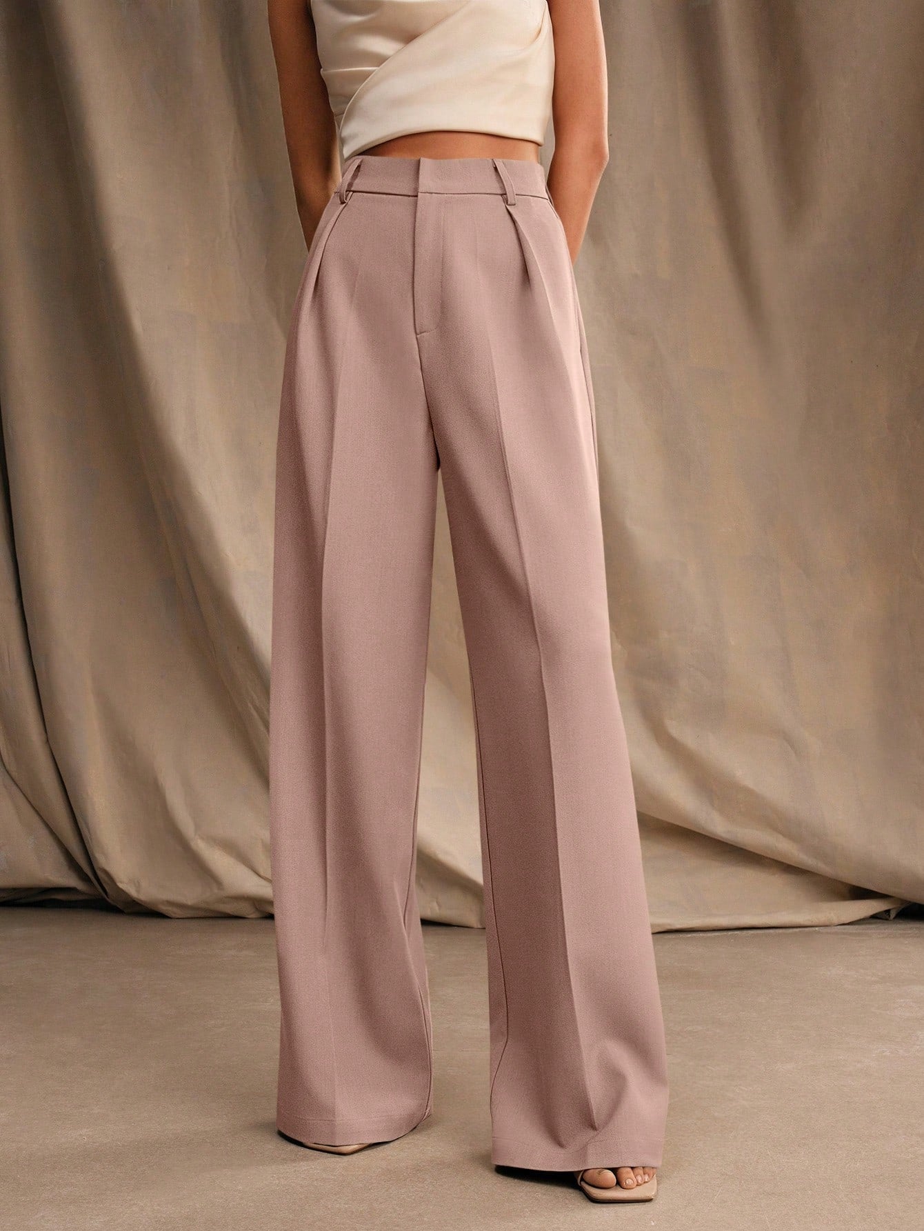 High-Waist Blush Taupe Wide-Leg Pleated Trousers