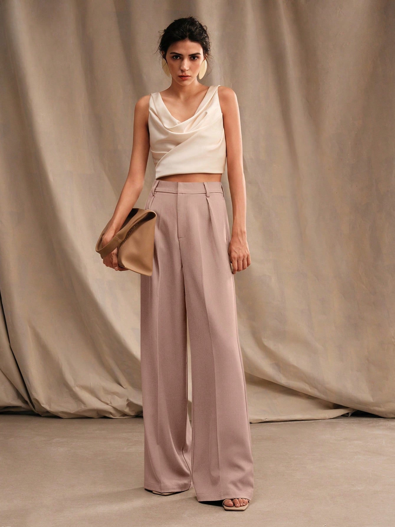 High-Waist Blush Taupe Wide-Leg Pleated Trousers