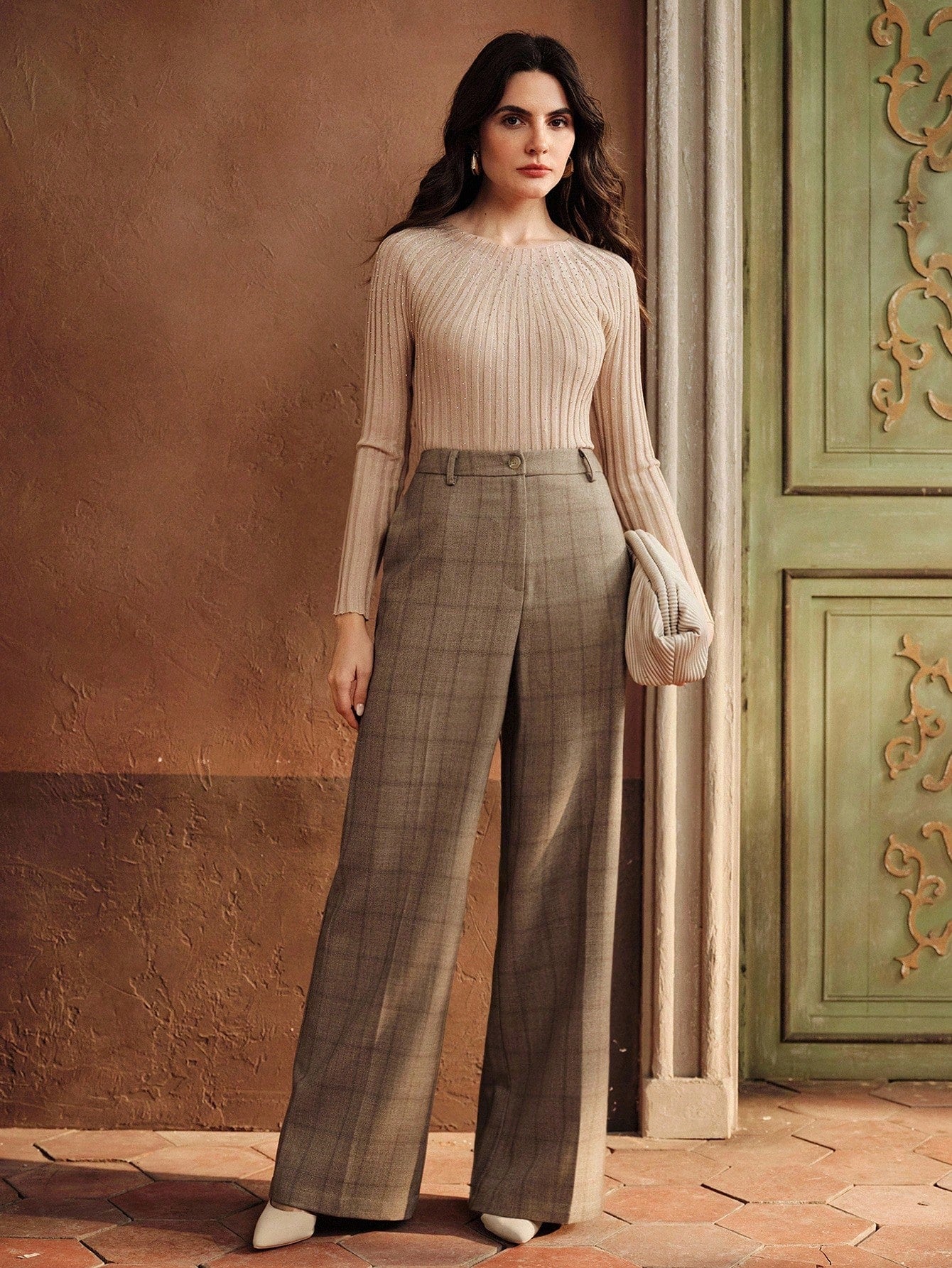 Vintage Beige Windowpane High-Waist Straight Wide-Leg Trousers – Elegant Neutral Autumn Edition