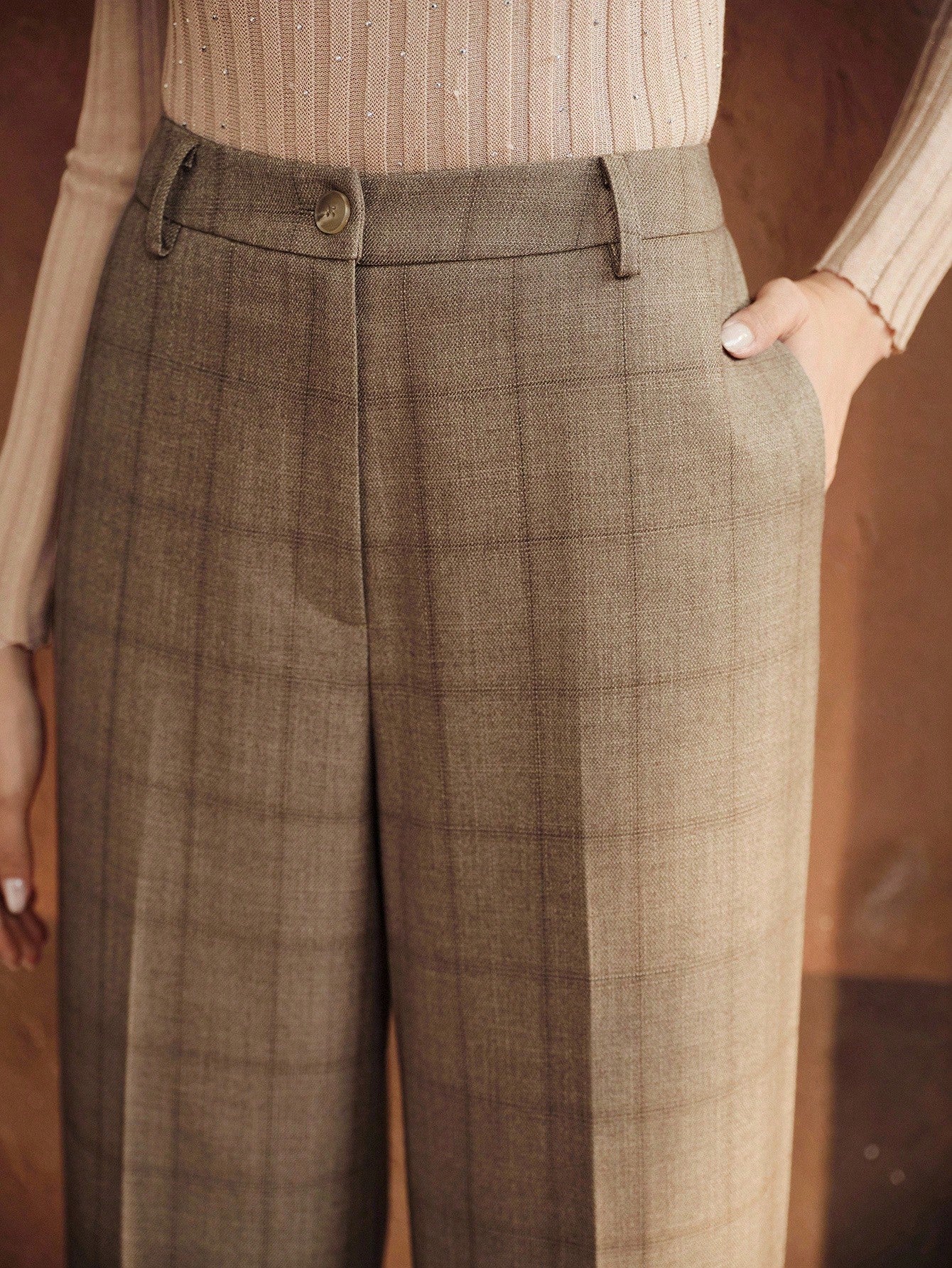 Vintage Beige Windowpane High-Waist Straight Wide-Leg Trousers – Elegant Neutral Autumn Edition