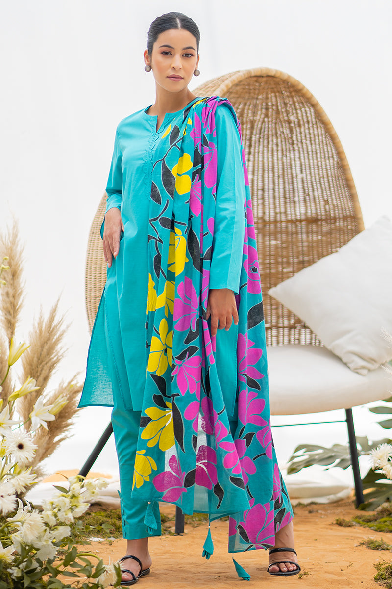 Turquoise Blue Kurta Set with Vibrant Floral Dupatta for Women