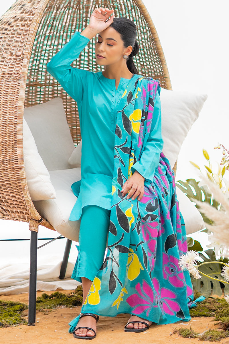 Turquoise Blue Kurta Set with Vibrant Floral Dupatta for Women