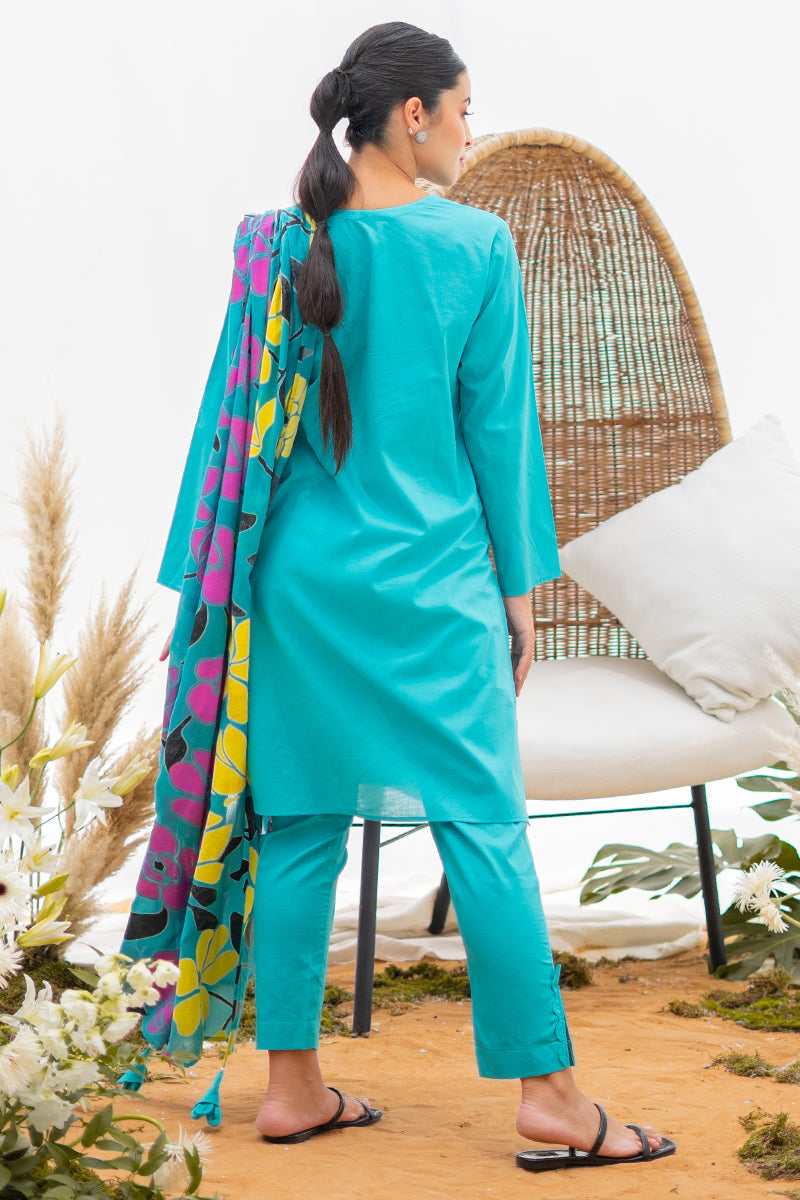 Turquoise Blue Kurta Set with Vibrant Floral Dupatta for Women