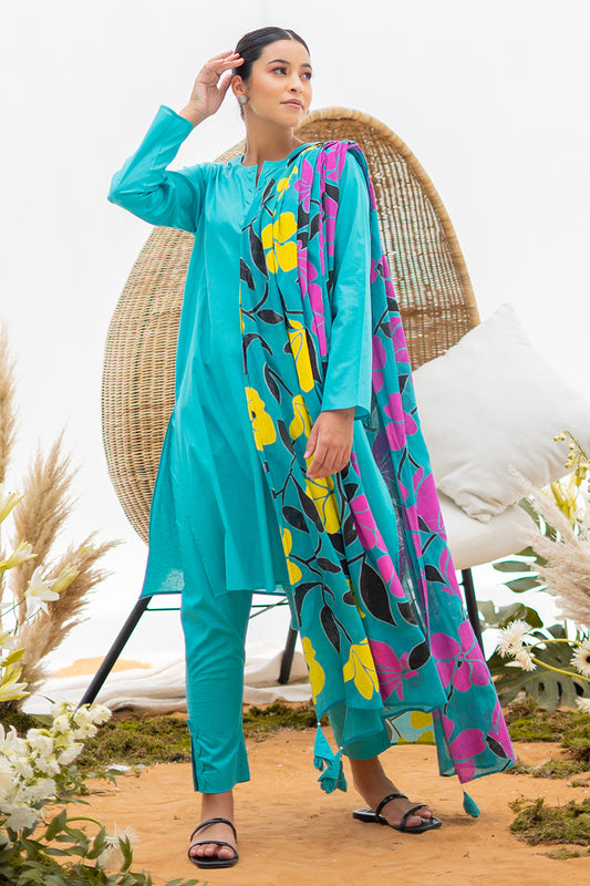 Turquoise Blue Kurta Set with Vibrant Floral Dupatta for Women