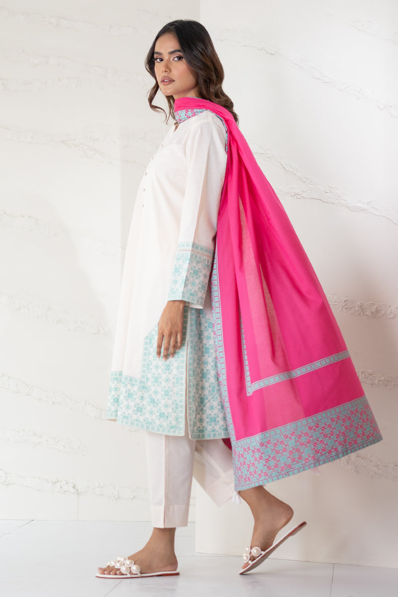 Ivory White Kurta Set with Aqua Blue Prints & Hot Pink Dupatta