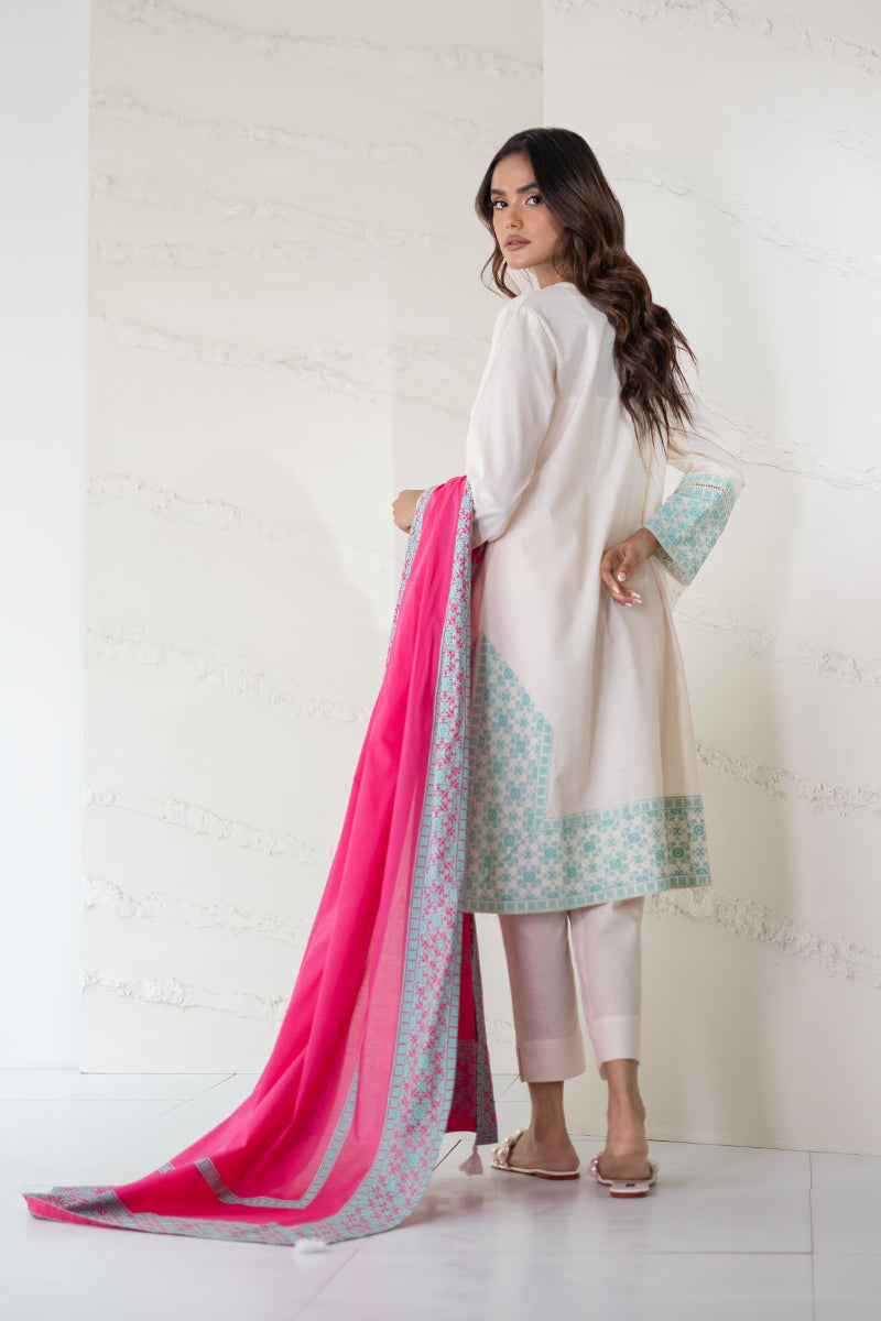 Ivory White Kurta Set with Aqua Blue Prints & Hot Pink Dupatta