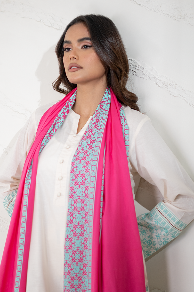 Ivory White Kurta Set with Aqua Blue Prints & Hot Pink Dupatta