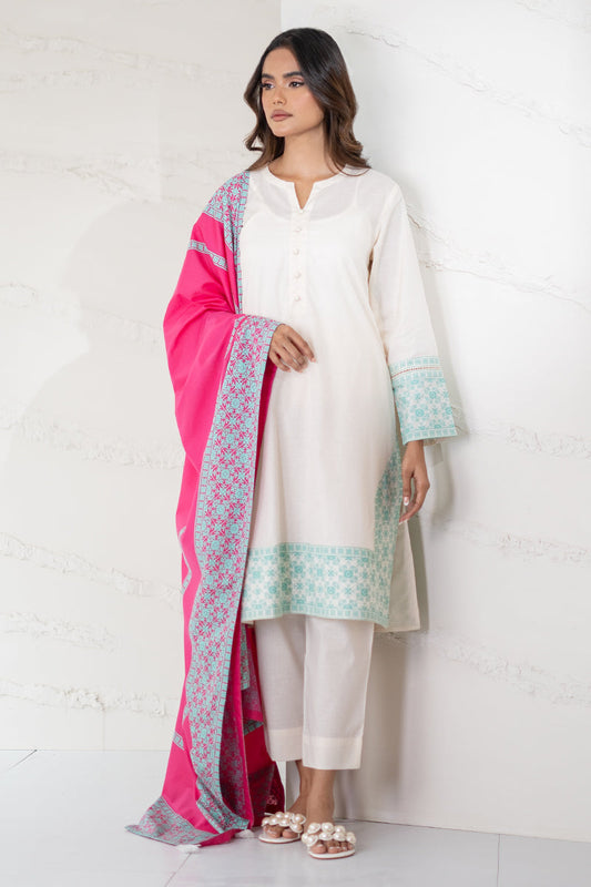 Ivory White Kurta Set with Aqua Blue Prints & Hot Pink Dupatta