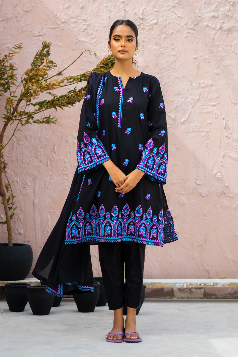 Black Embroidered Kurta Set with Blue-Purple Detailing & Matching Dupatta