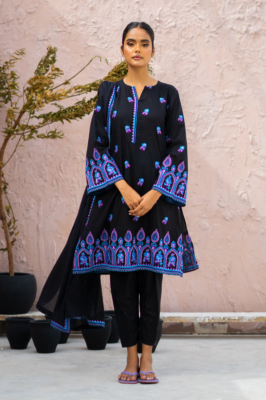 Black Embroidered Kurta Set with Blue-Purple Detailing & Matching Dupatta