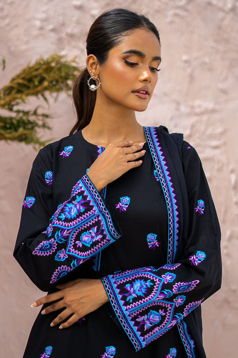 Black Embroidered Kurta Set with Blue-Purple Detailing & Matching Dupatta