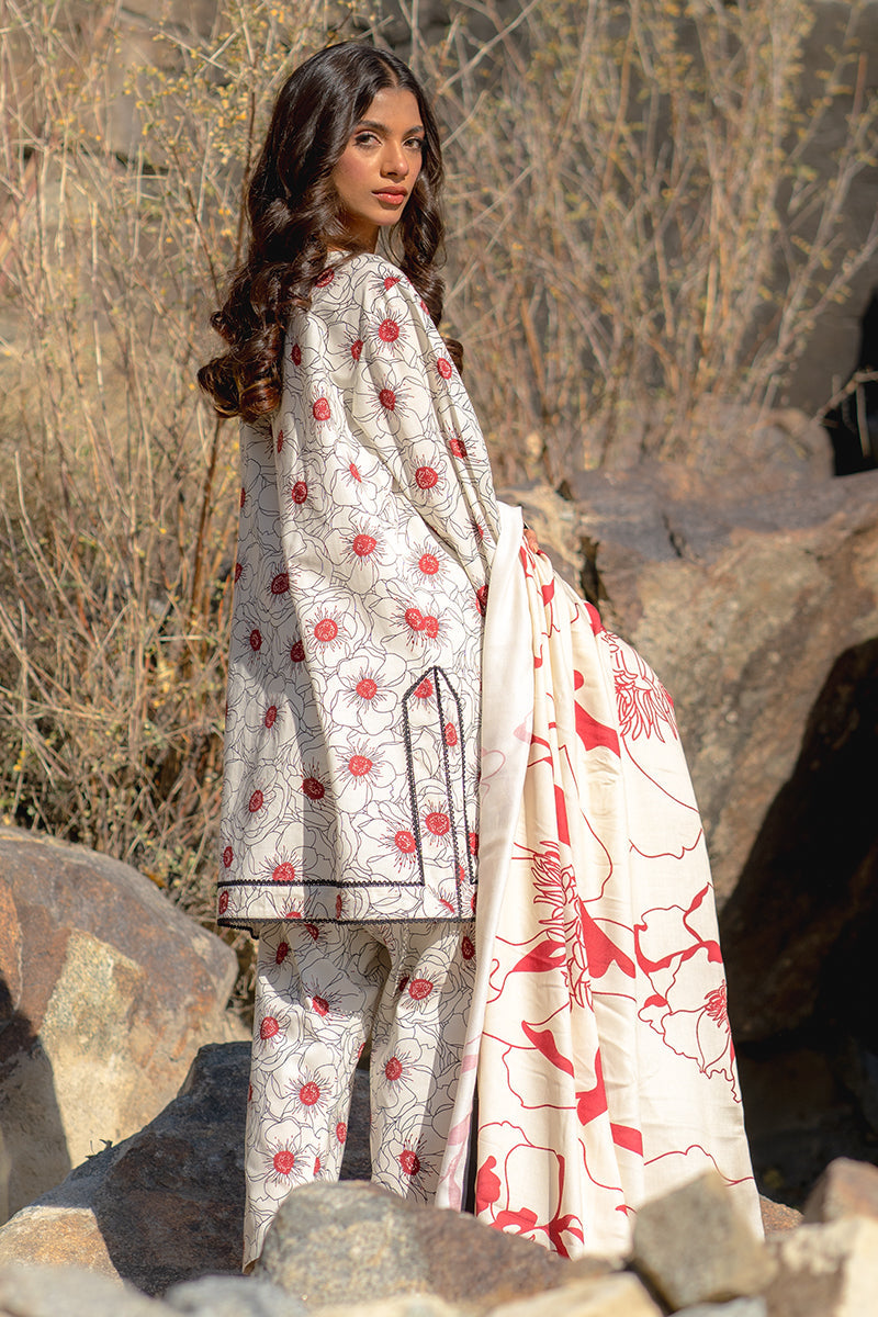 Ivory Floral Printed Kurta Set with Statement Red Dupatta – Elegant Ethnic Wear