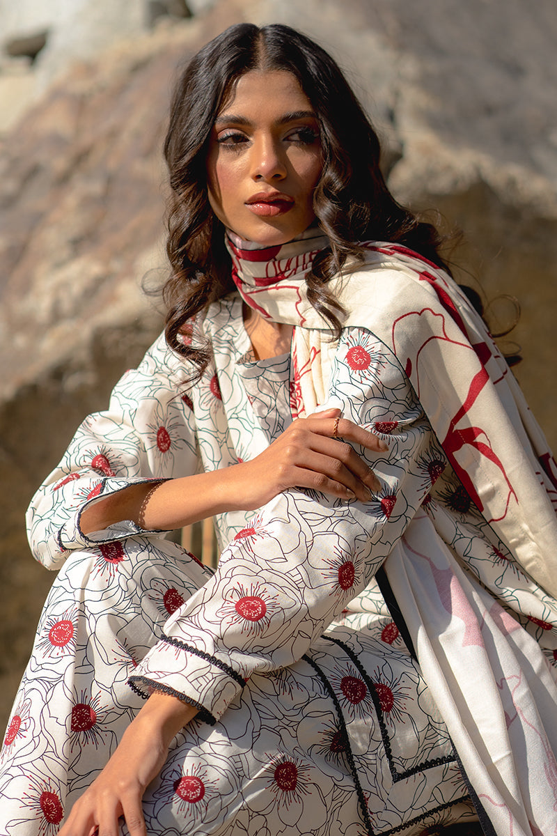 Ivory Floral Printed Kurta Set with Statement Red Dupatta – Elegant Ethnic Wear