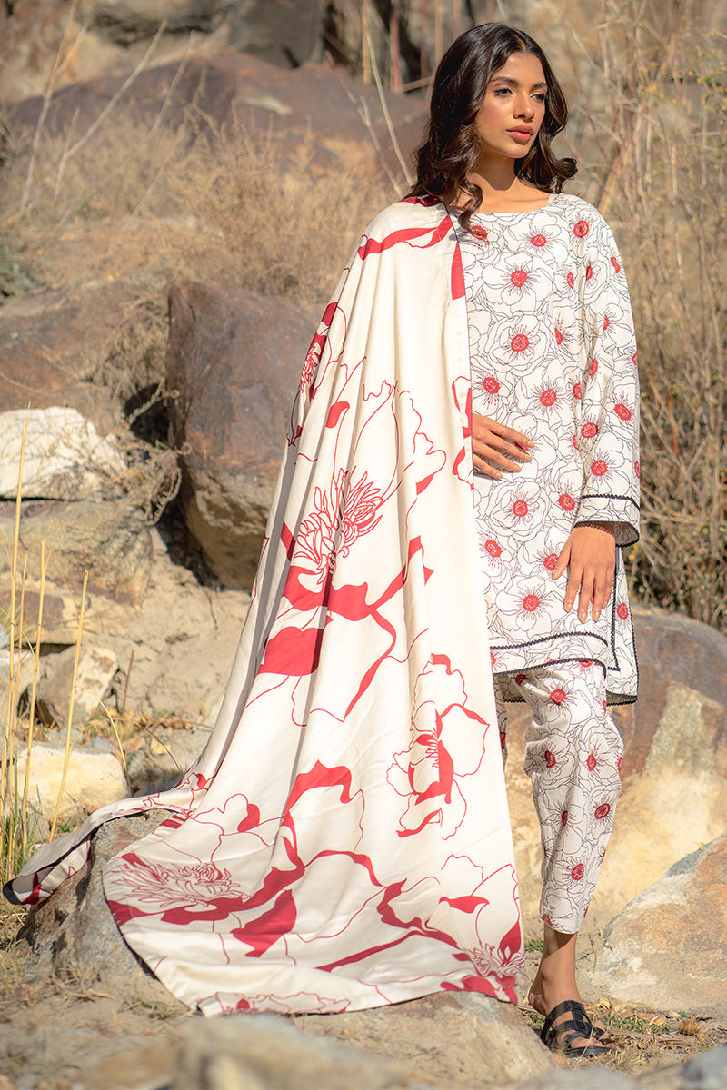 Ivory Floral Printed Kurta Set with Statement Red Dupatta – Elegant Ethnic Wear