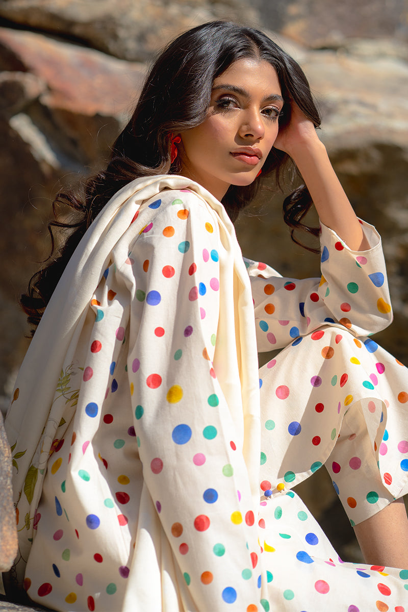 Polka Pop – Multicolour Printed Kurta Set with Floral Dupatta