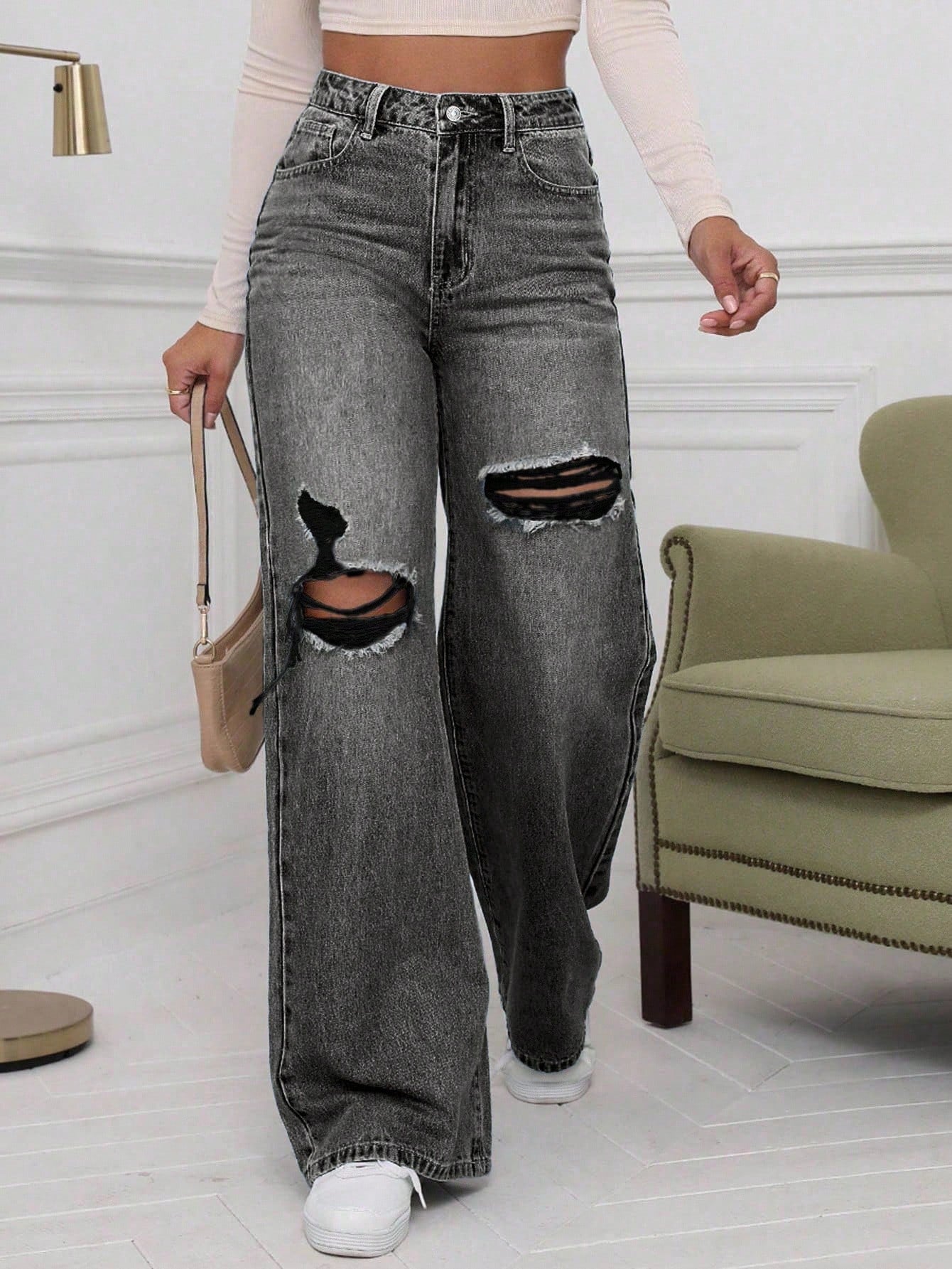 High-Waist Grey Washed Ripped Wide-Leg Jeans for Women