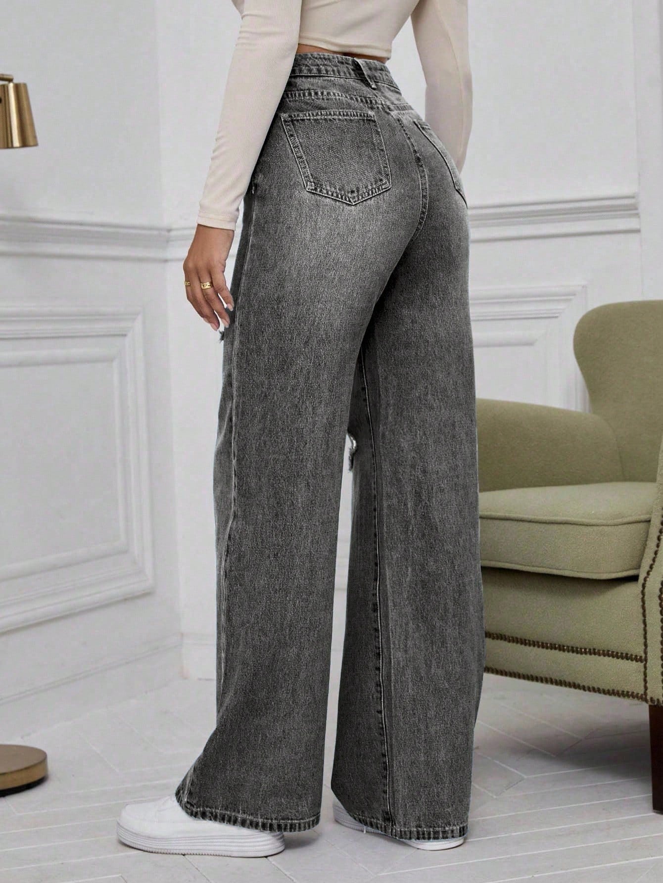 High-Waist Grey Washed Ripped Wide-Leg Jeans for Women