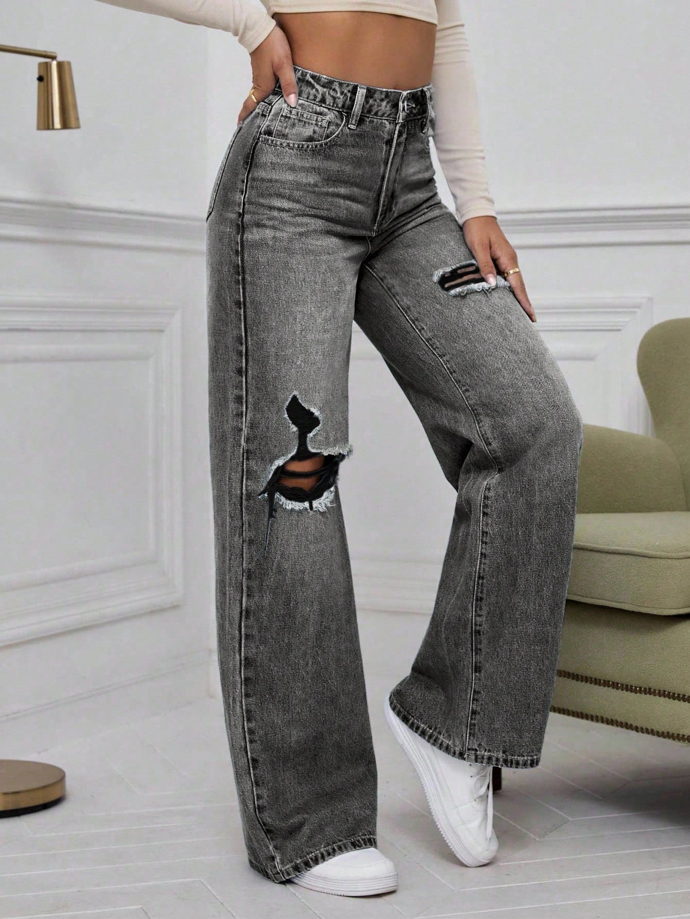 High-Waist Grey Washed Ripped Wide-Leg Jeans for Women