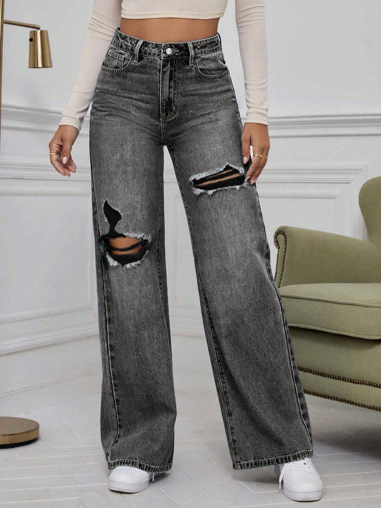 High-Waist Grey Washed Ripped Wide-Leg Jeans for Women