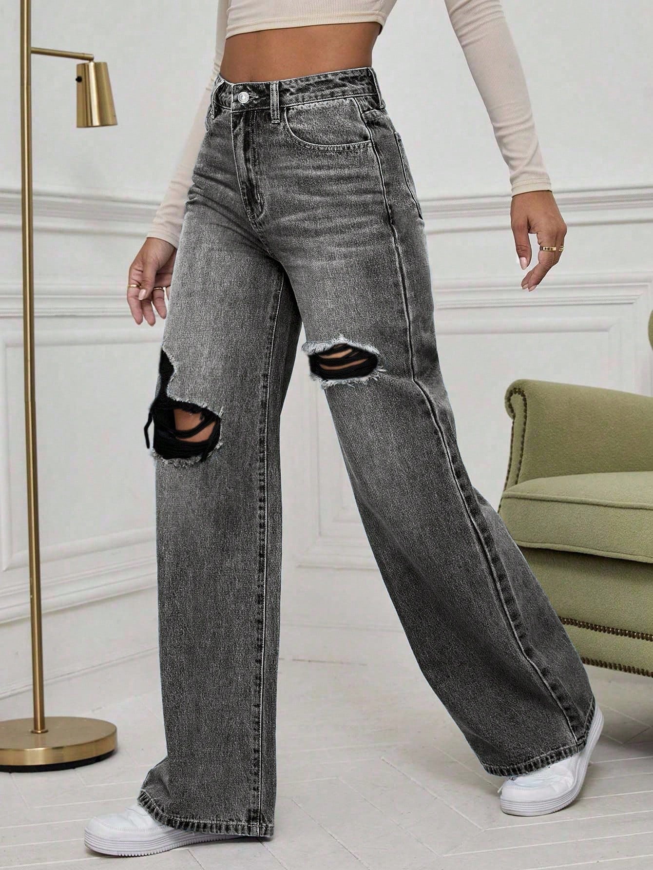 High-Waist Grey Washed Ripped Wide-Leg Jeans for Women