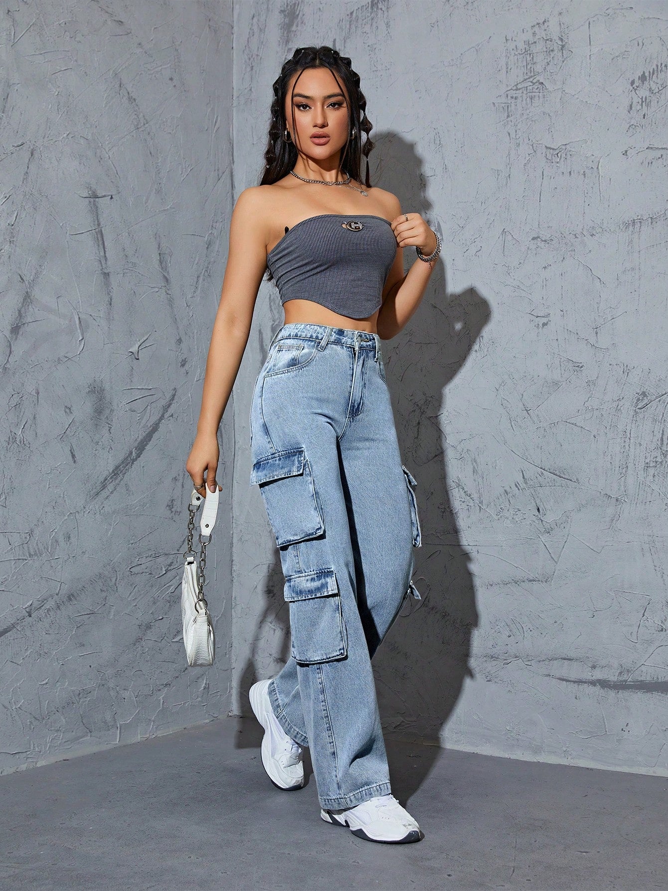 High-Waist Light Blue Straight-Leg Cargo Denim Jeans for Women