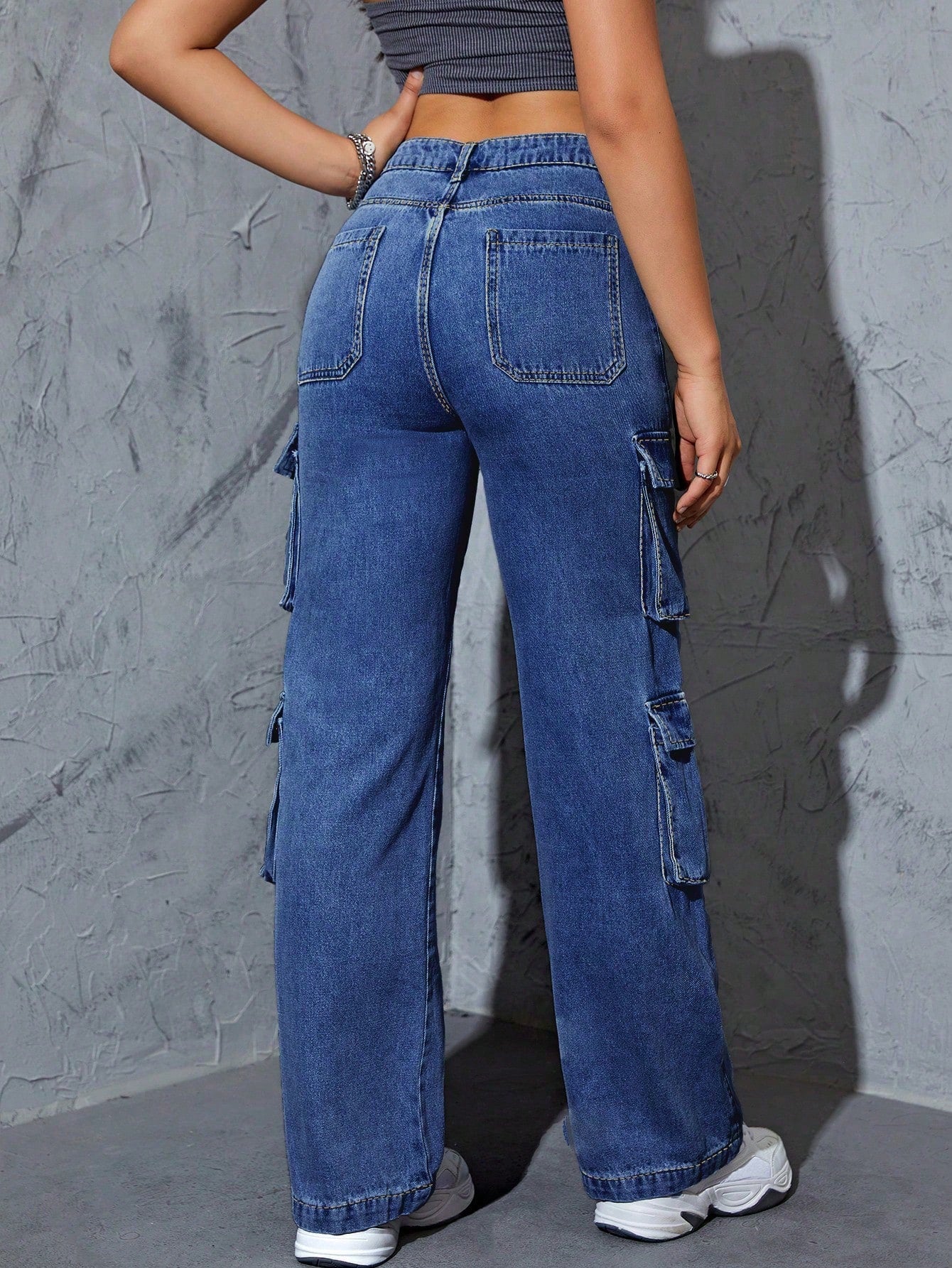 High-Waist Dark Blue Straight-Leg Cargo Denim Jeans for Women
