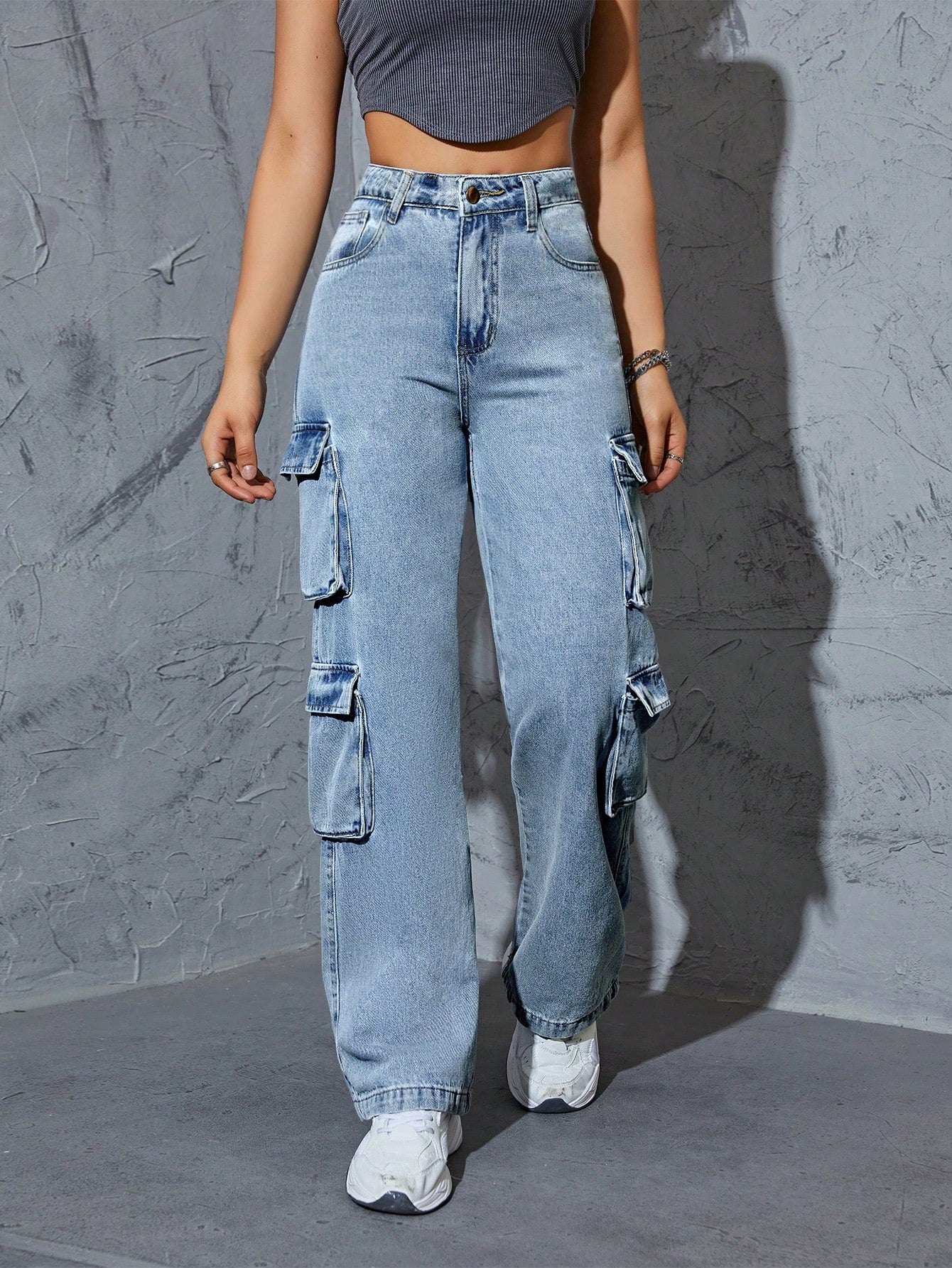 High-Waist Light Blue Straight-Leg Cargo Denim Jeans for Women