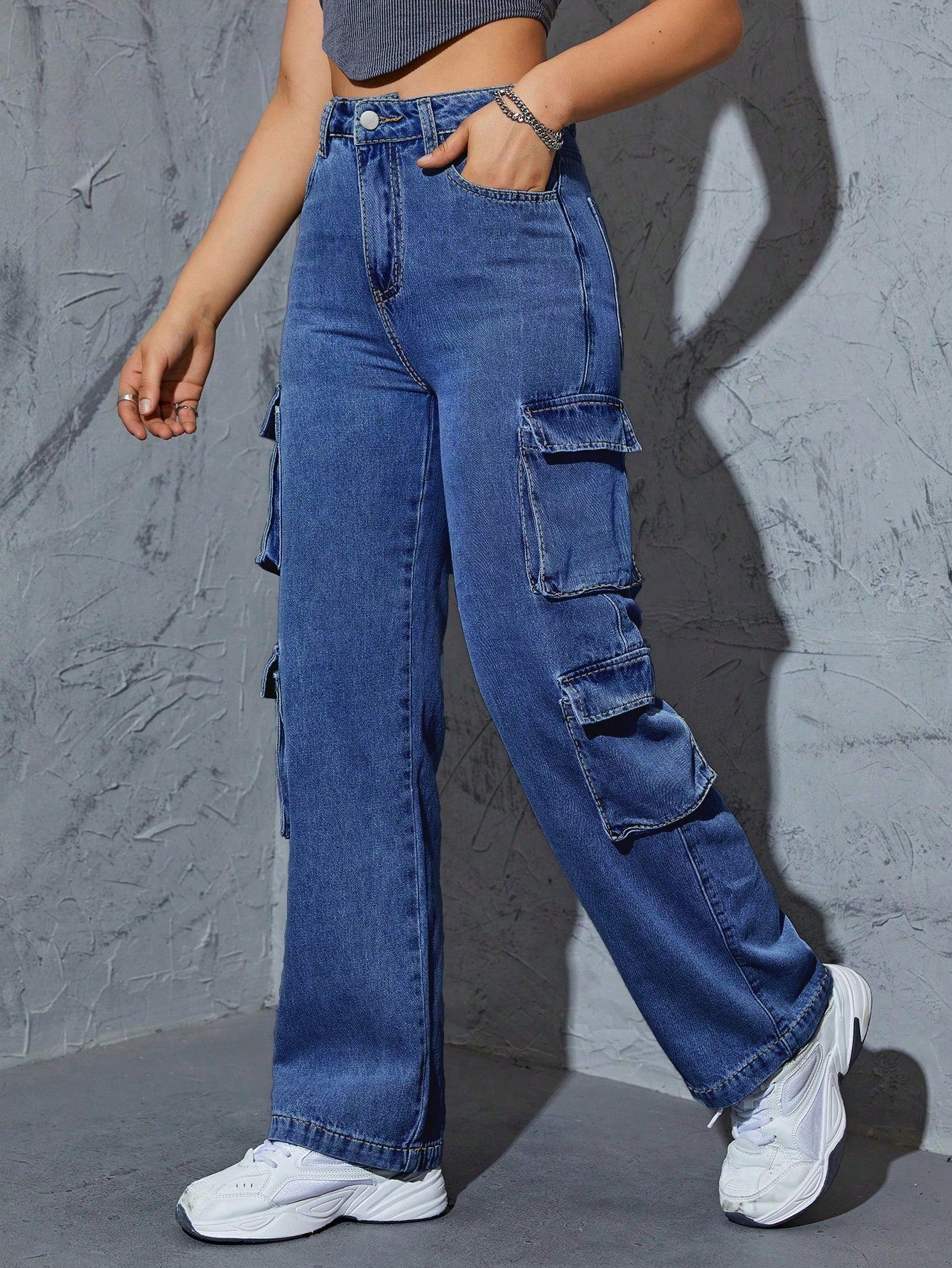 High-Waist Dark Blue Straight-Leg Cargo Denim Jeans for Women