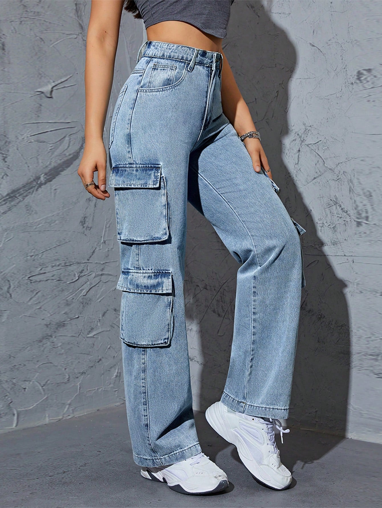 High-Waist Light Blue Straight-Leg Cargo Denim Jeans for Women